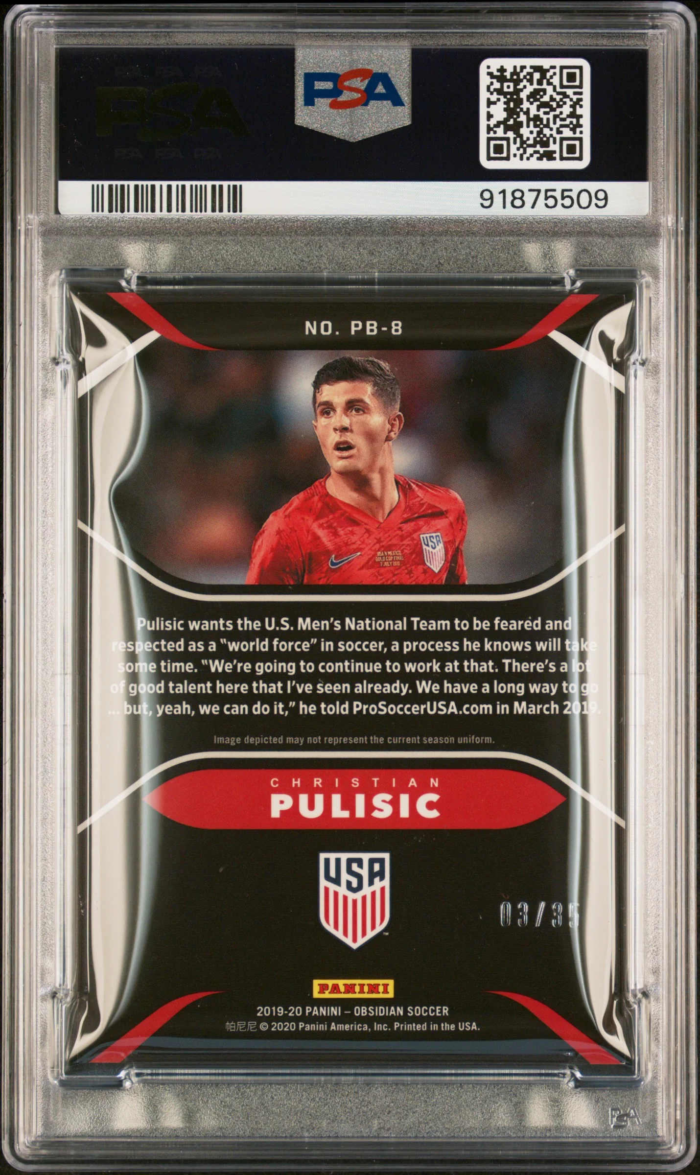 2019 Panini Obsidian Pitch Black Electric Etch Orange Christian Pulisic #PB8 /35 PSA 9 - Image 2