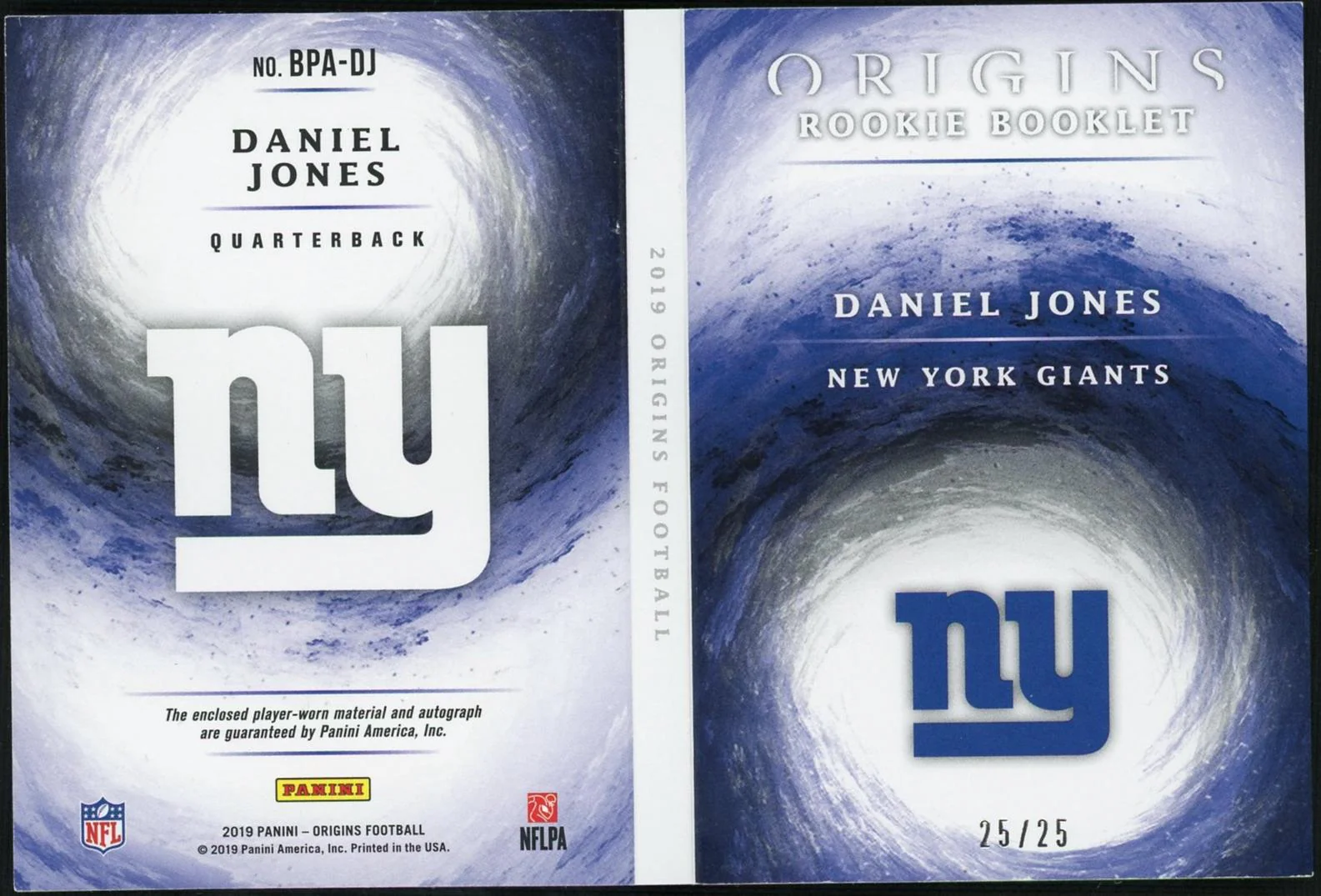 2019 Panini Origins BPA-DJ Daniel Jones Rookie Booklet Rookie 25/25 New York Giants Auto - Image 2