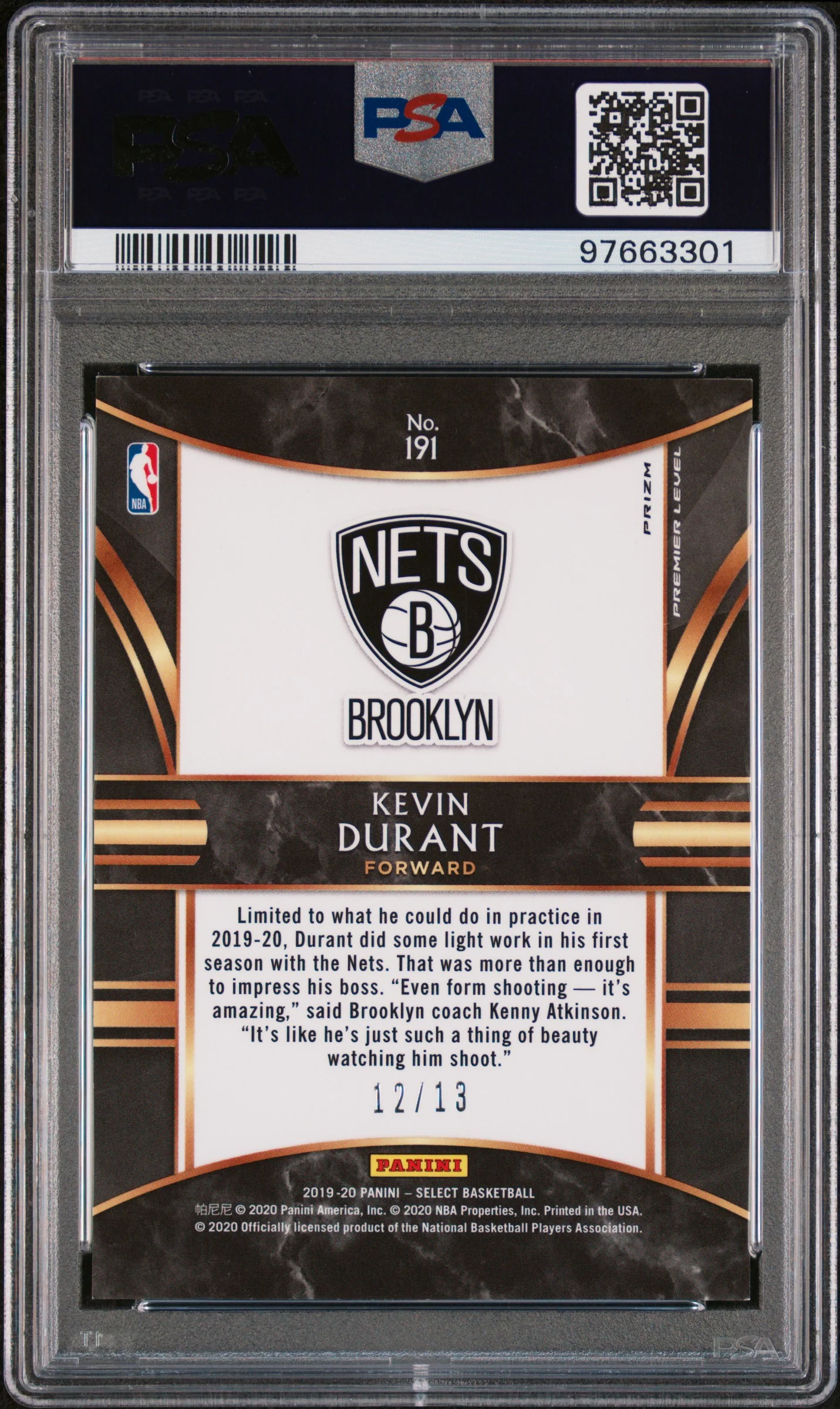 2019 Panini Select Neon Orange Kevin Durant #191 /13 PSA 9 - Image 2