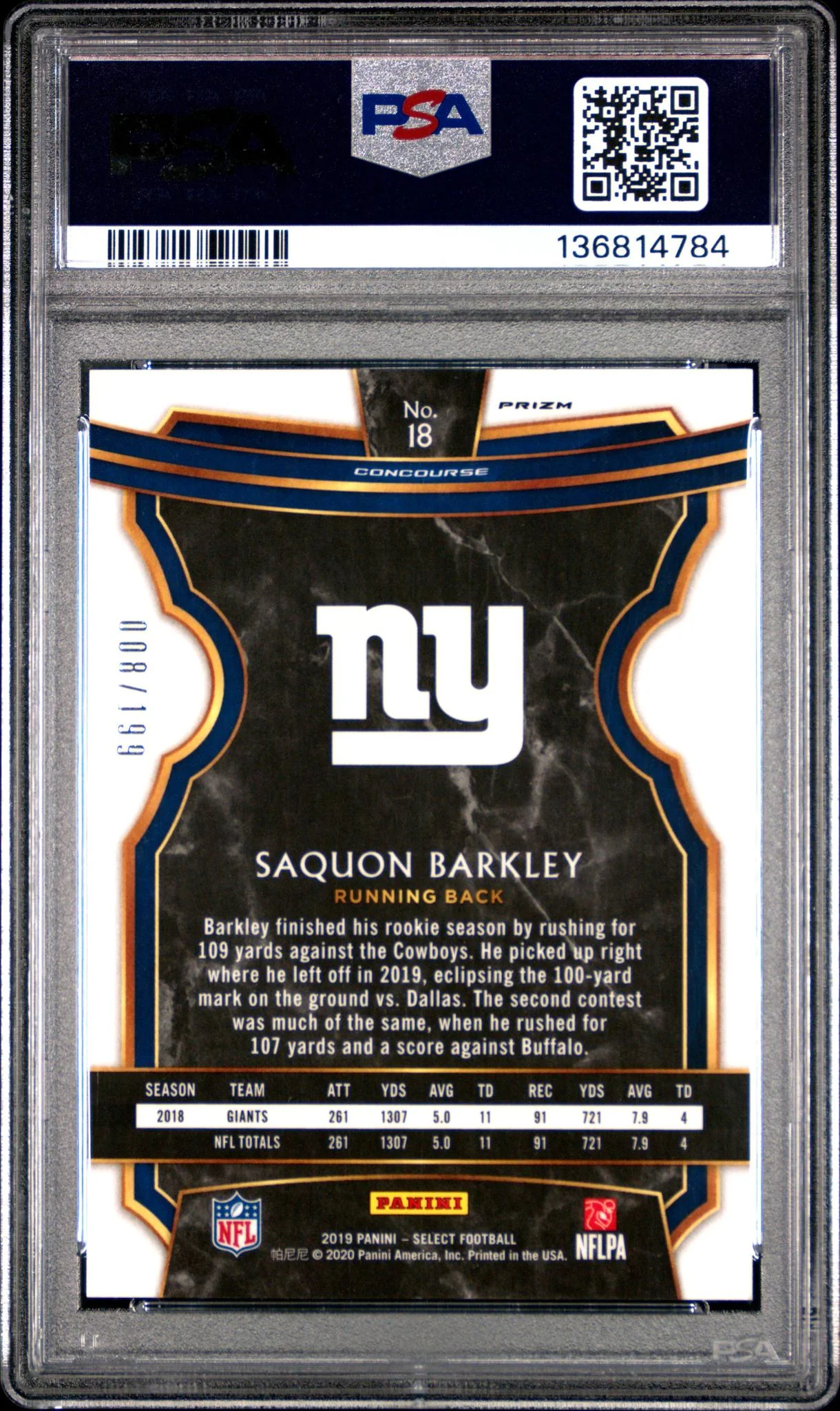 2019 Panini Select Prizm Tri Color Saquon Barkley #18 /199 PSA 10 - Image 2