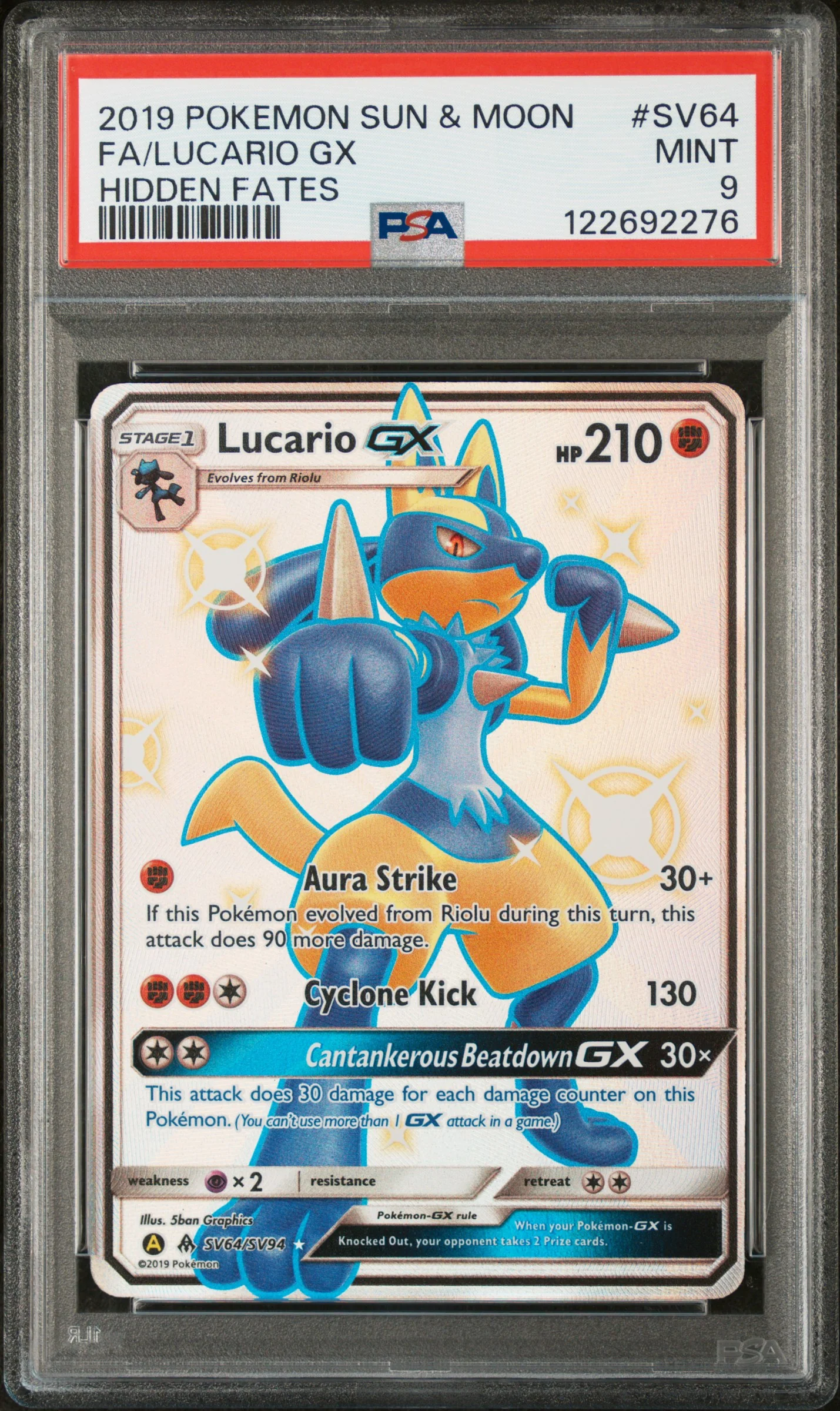 2019 Pokemon Sun and Moon Hidden Fates Shiny Vault Lucario Gx #SV64 PSA 9