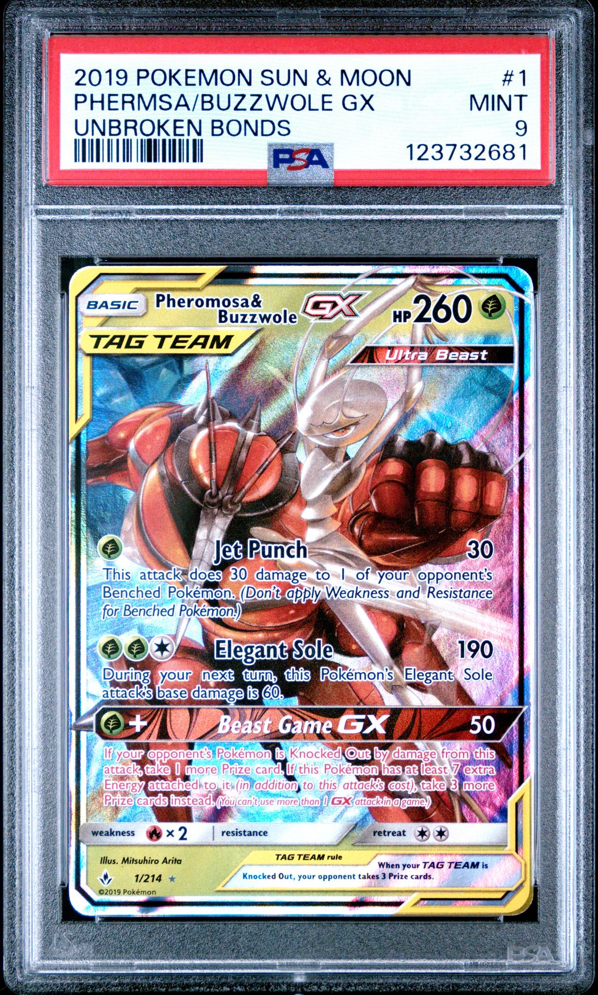 2019 Pokemon Sun and Moon Unbroken Bonds Buzzwole/Pheromosa Gx #1 PSA 9