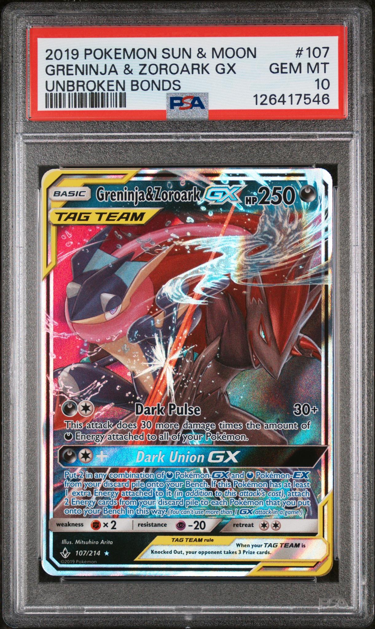 2019 Pokemon Sun and Moon Unbroken Bonds Greninja/Zoroark Gx #107 PSA 10