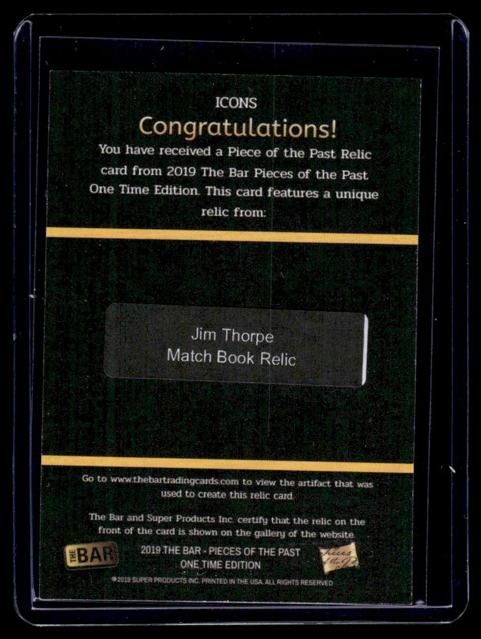 2019 The Bar Pieces of the Past Icons Jim Thorpe #NNO Matchbook Relic 1/1 - Image 2