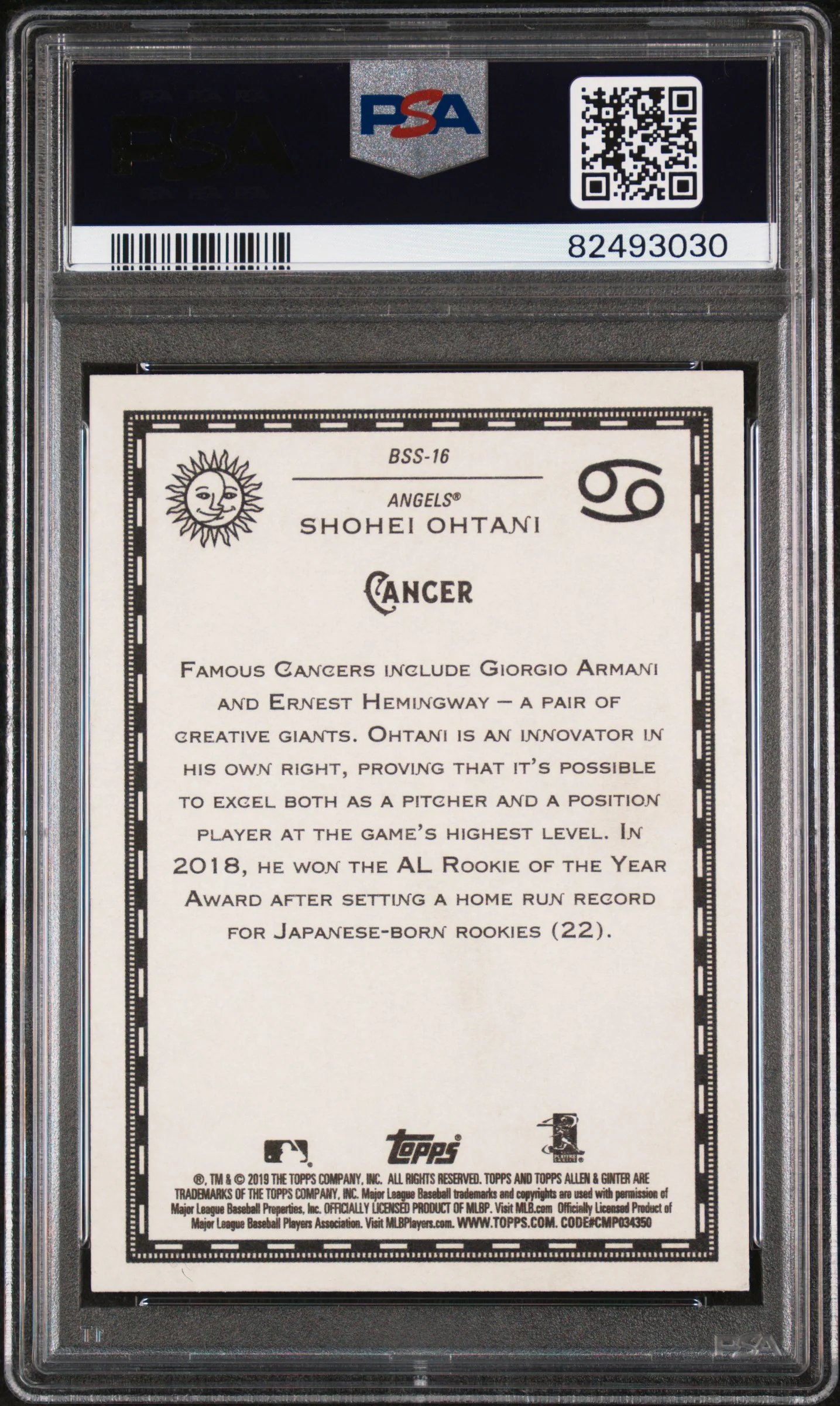 2019 Topps Allen and Ginter Baseball Star Signs Shohei Ohtani #BSS16 PSA 9 - Image 2