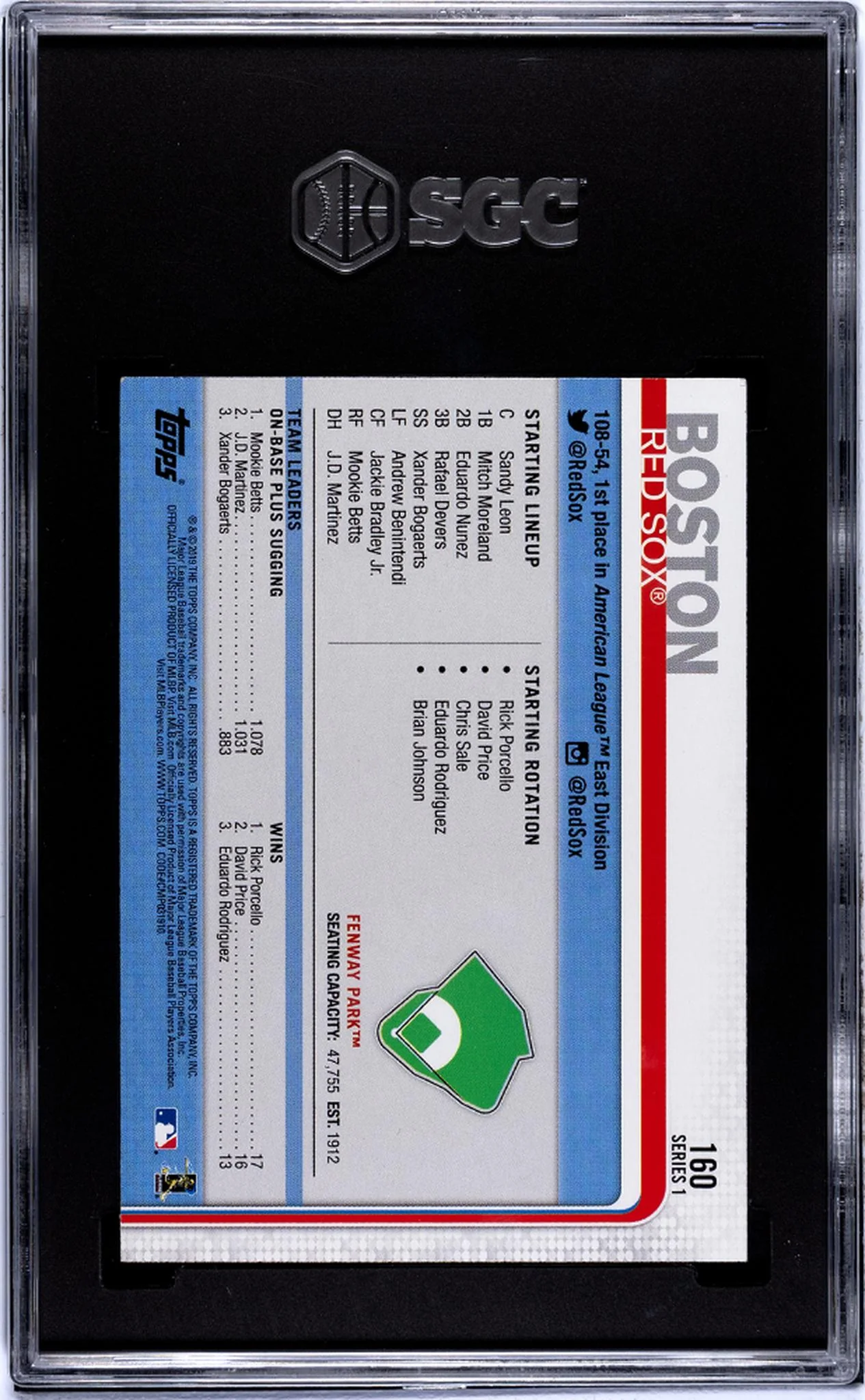 2019 Topps Boston Red Sox #160 SGC 8 - Image 2