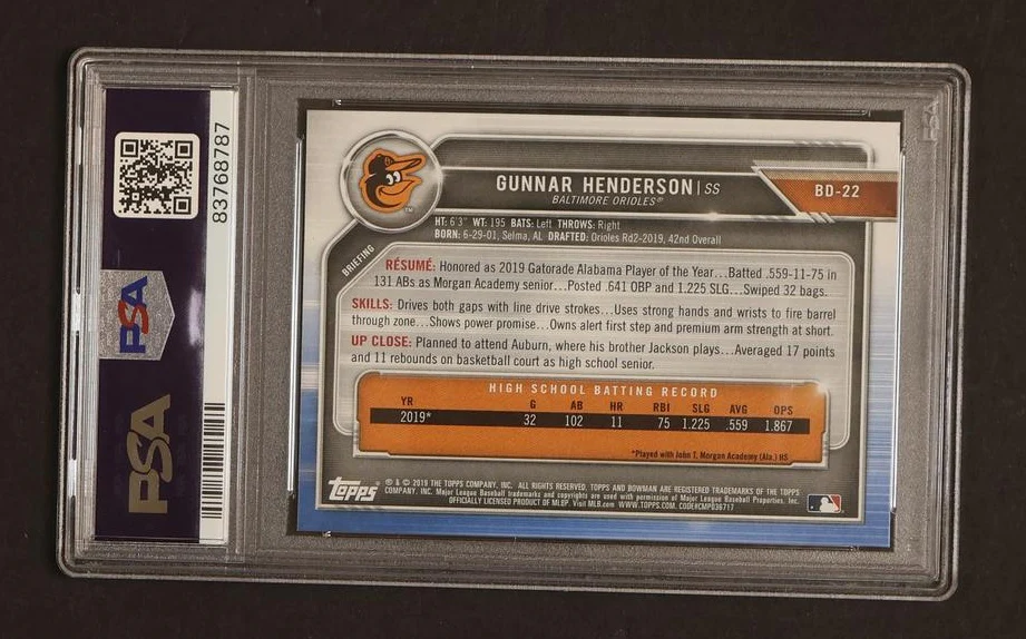 2019 Topps Bowman Draft Gunnar Henderson #BD-22 1st Bowman PSA 10 - Image 2