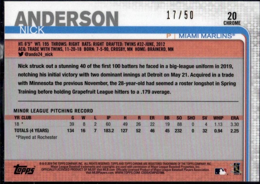 2019 Topps Chrome 20 Nick Anderson Rookie /50 Miami Marlins - Image 2
