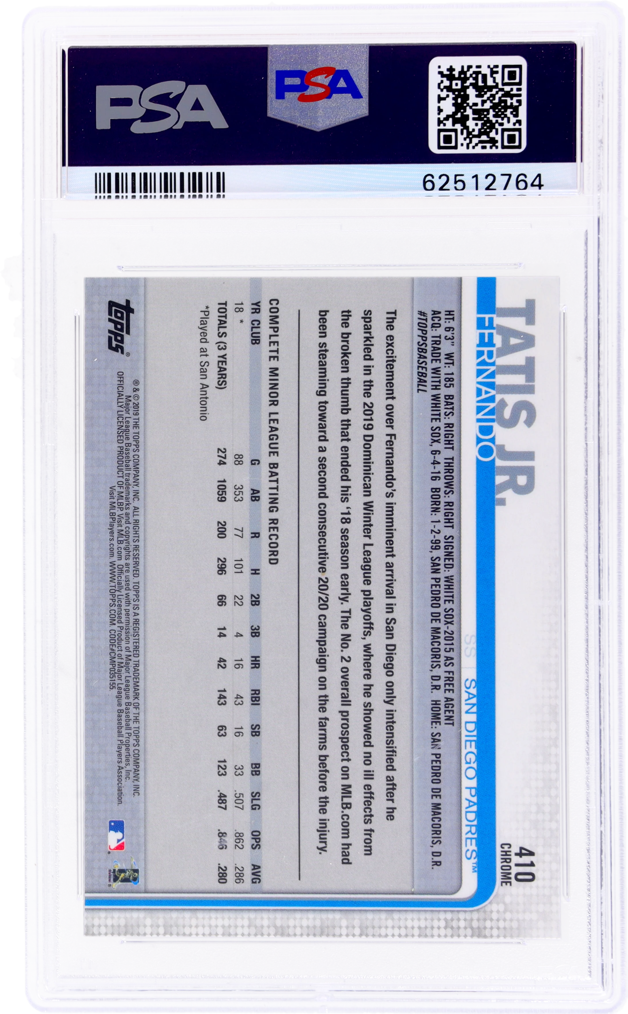 2019 Topps Chrome Fernando Tatis Jr. #410 RC PSA 9 - Image 2
