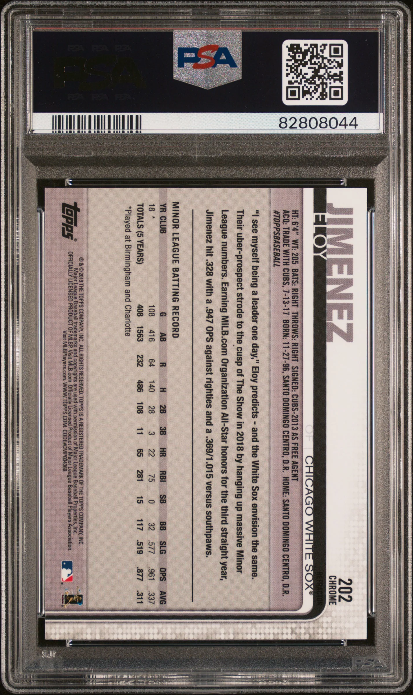 2019 Topps Chrome Pink Refractor Eloy Jimenez #202 RC PSA 10 - Image 2