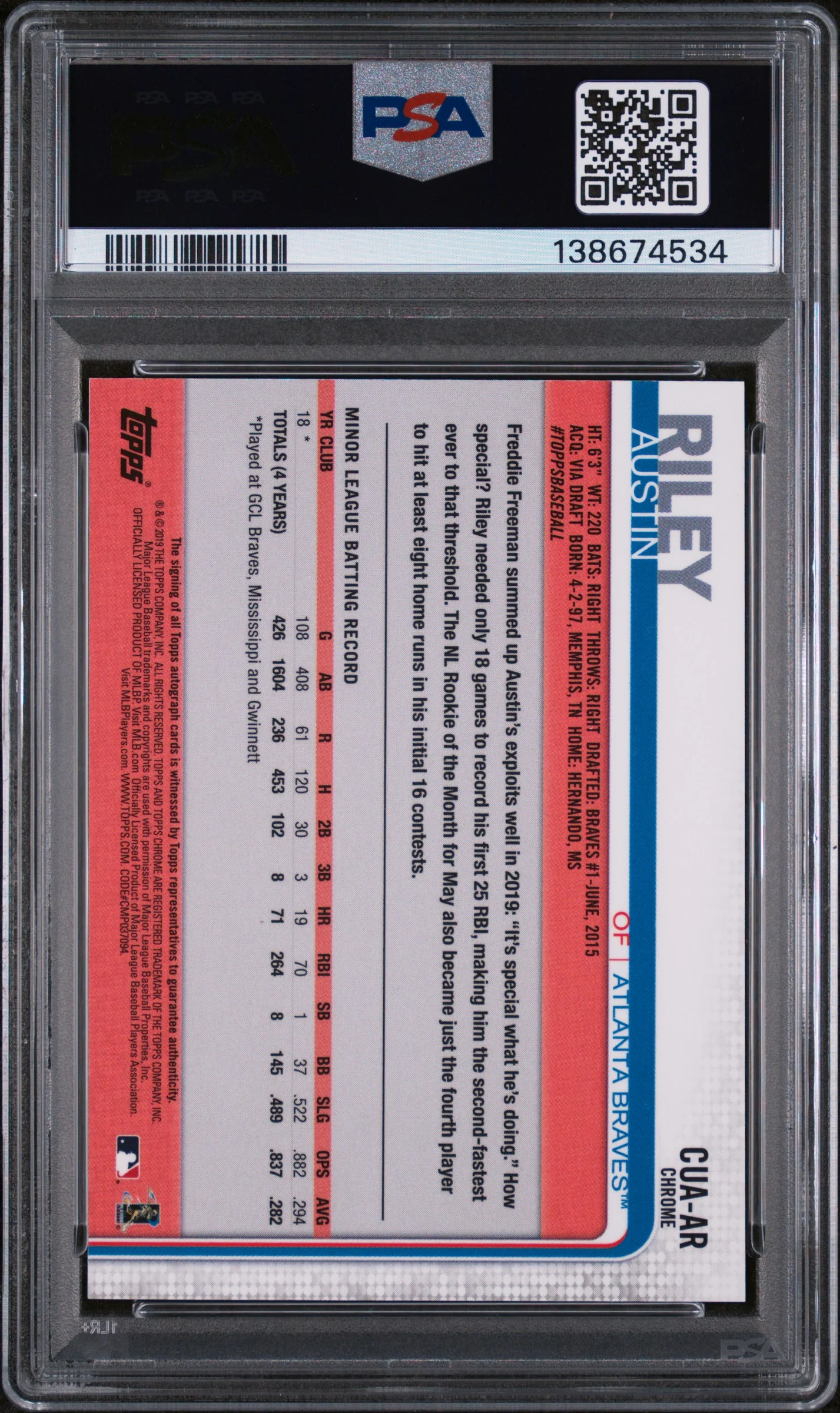 2019 Topps Chrome Update Autographs Austin Riley #AR PSA 10 - Image 2