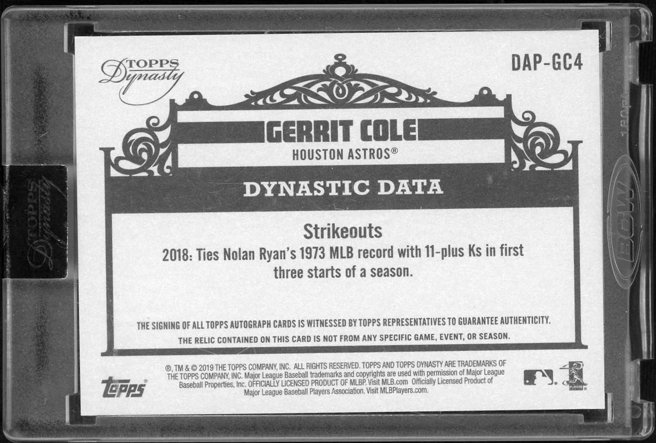 2019 Topps Dynasty DAP-GC4 Gerrit Cole Dynastic Data /10 Houston Astros Auto - Image 2