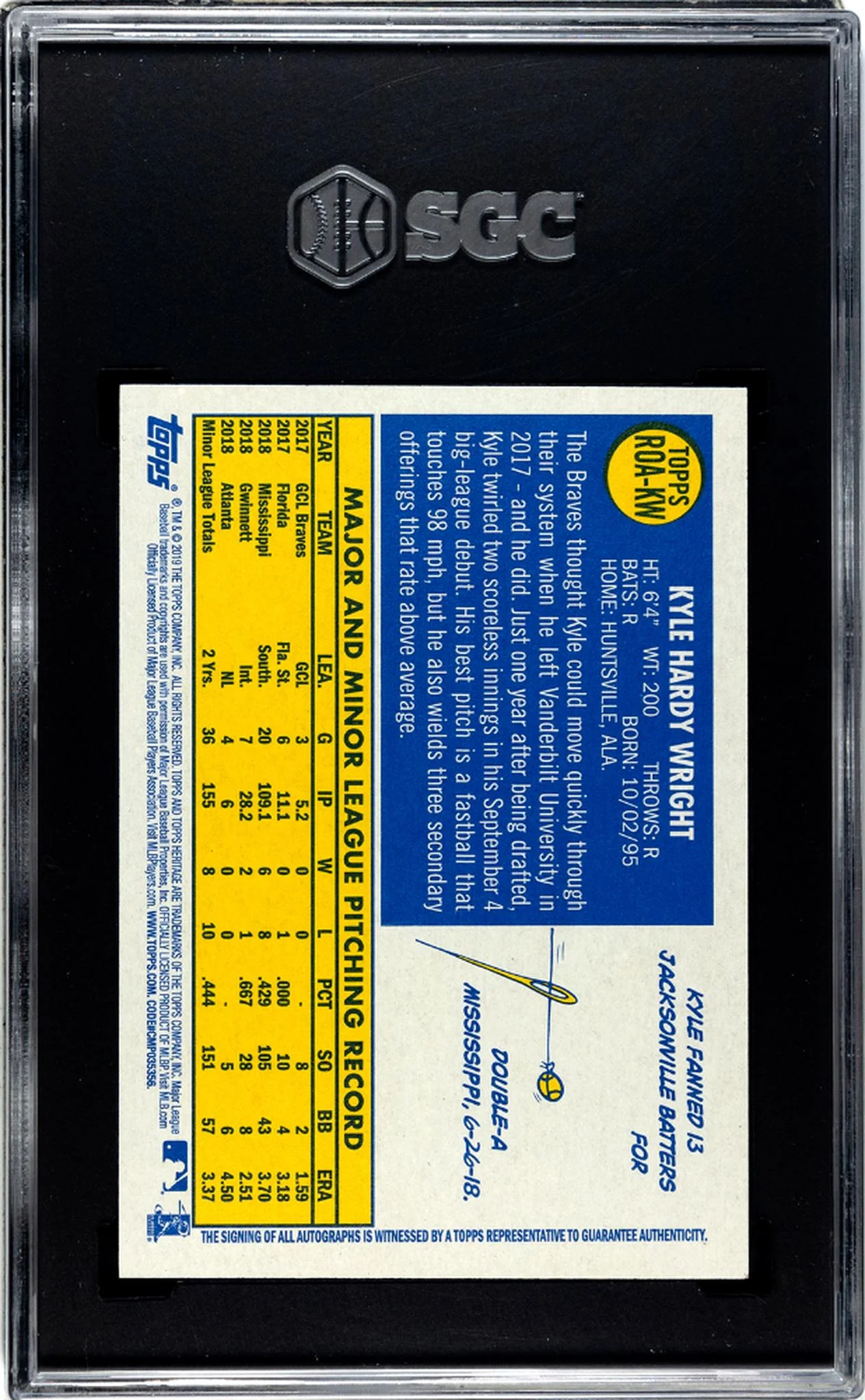 2019 Topps Heritage #ROA-KW Kyle Wright Real One Autographed /70 Auto SGC 9.5 - Image 2