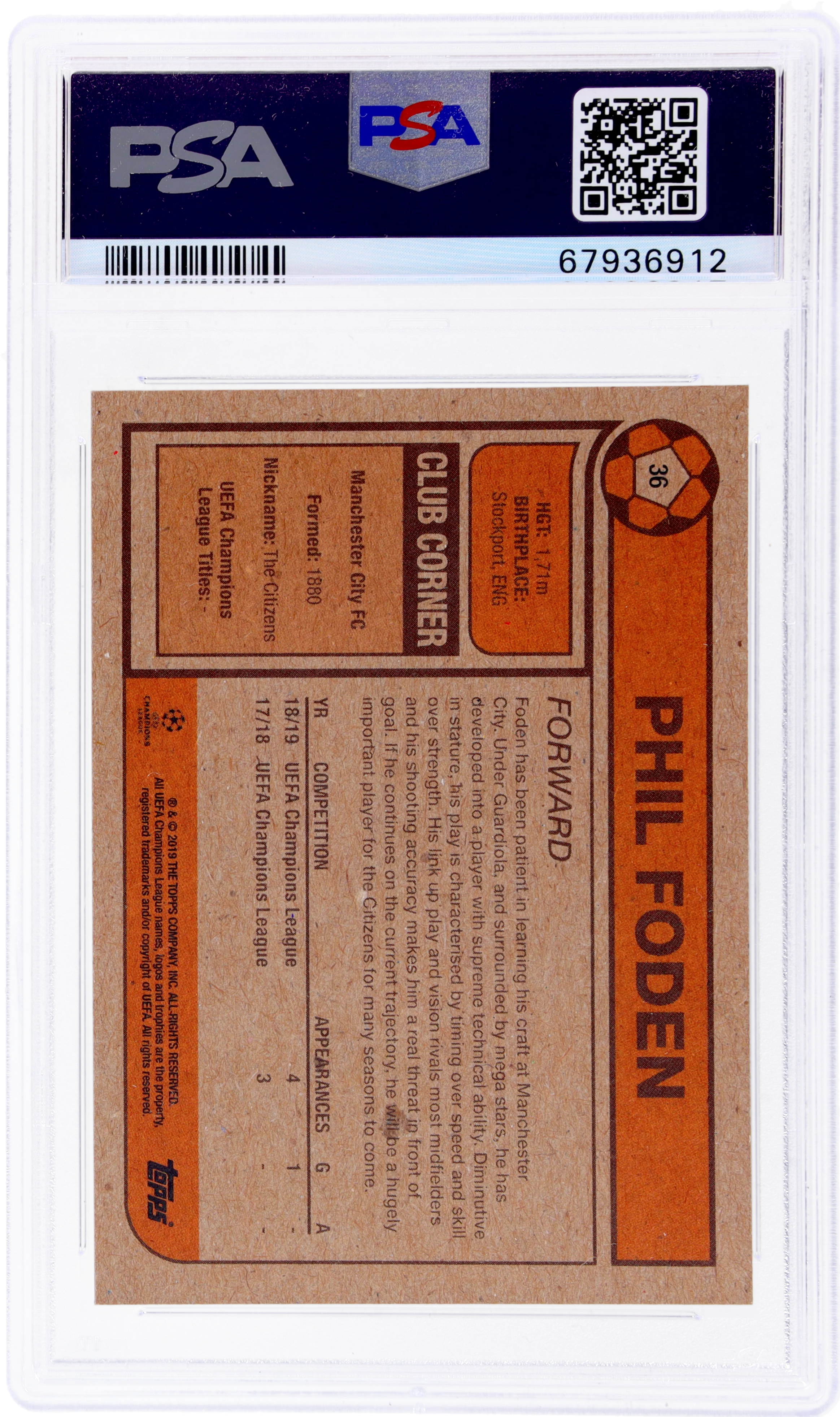 2019 Topps Living UCL Phil Foden #36 PSA 10 - Image 2