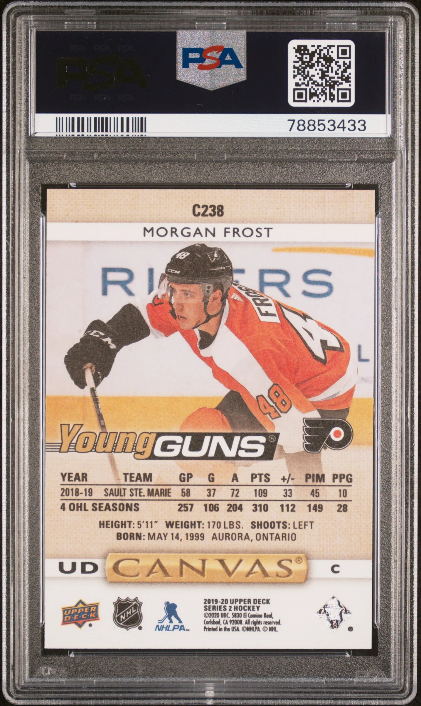 2019 Upper Deck Series 2 UD Canvas Young Guns Morgan Frost #C238 RC PSA 10 - Image 2
