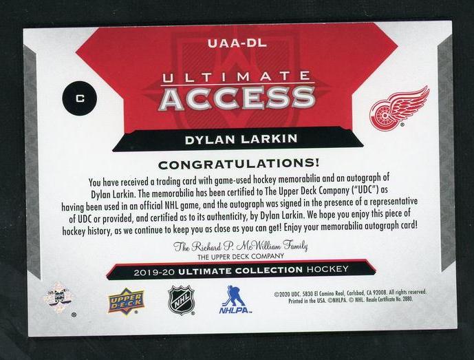 2019 Upper Deck Ultimate Collection UAA-DL Dylan Larkin Ultimate Access /35 VG Detroit Red Wings Auto - Image 2