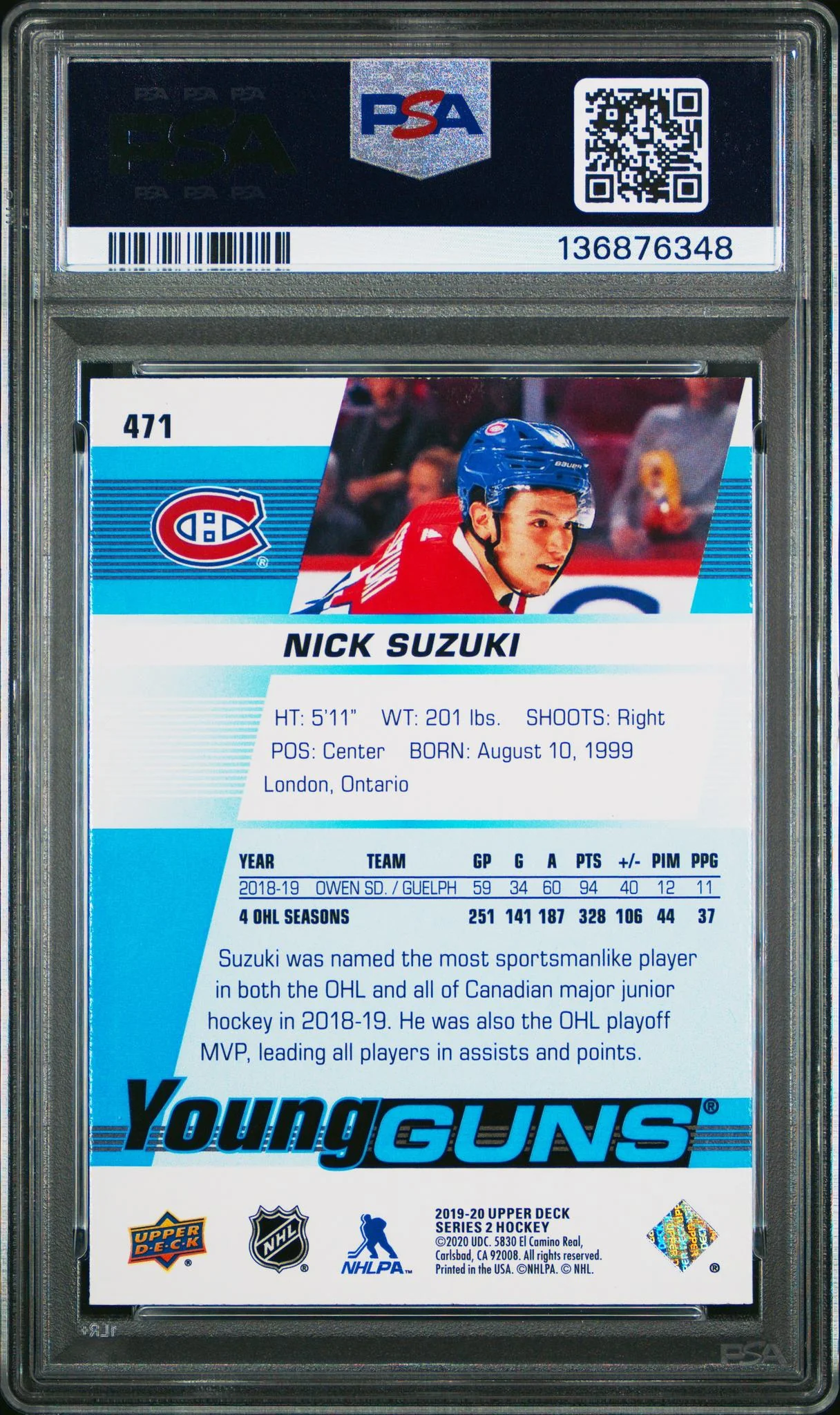 2019 Upper Deck Young Guns Nick Suzuki #471 PSA 9 - Image 2