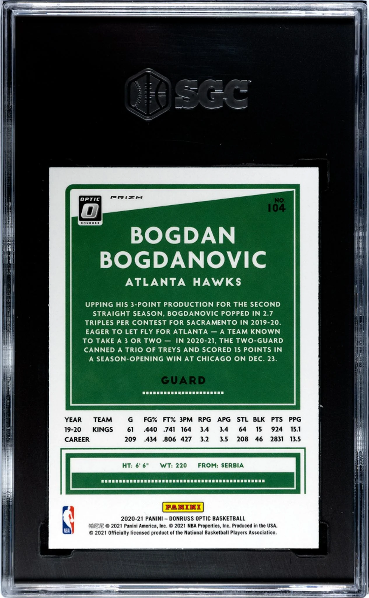 2020-21 Donruss Optic Holo Bogdan Bogdanovic #104 SGC 9.5 - Image 2