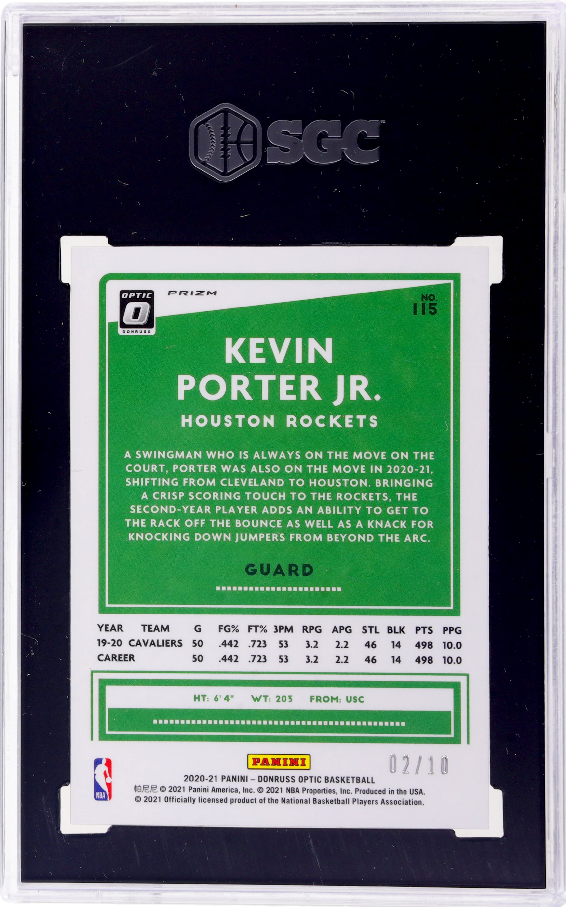 2020-21 Donruss Optic Gold Prizm Kevin Porter Jr. #115 /10 SGC 10 - Image 2