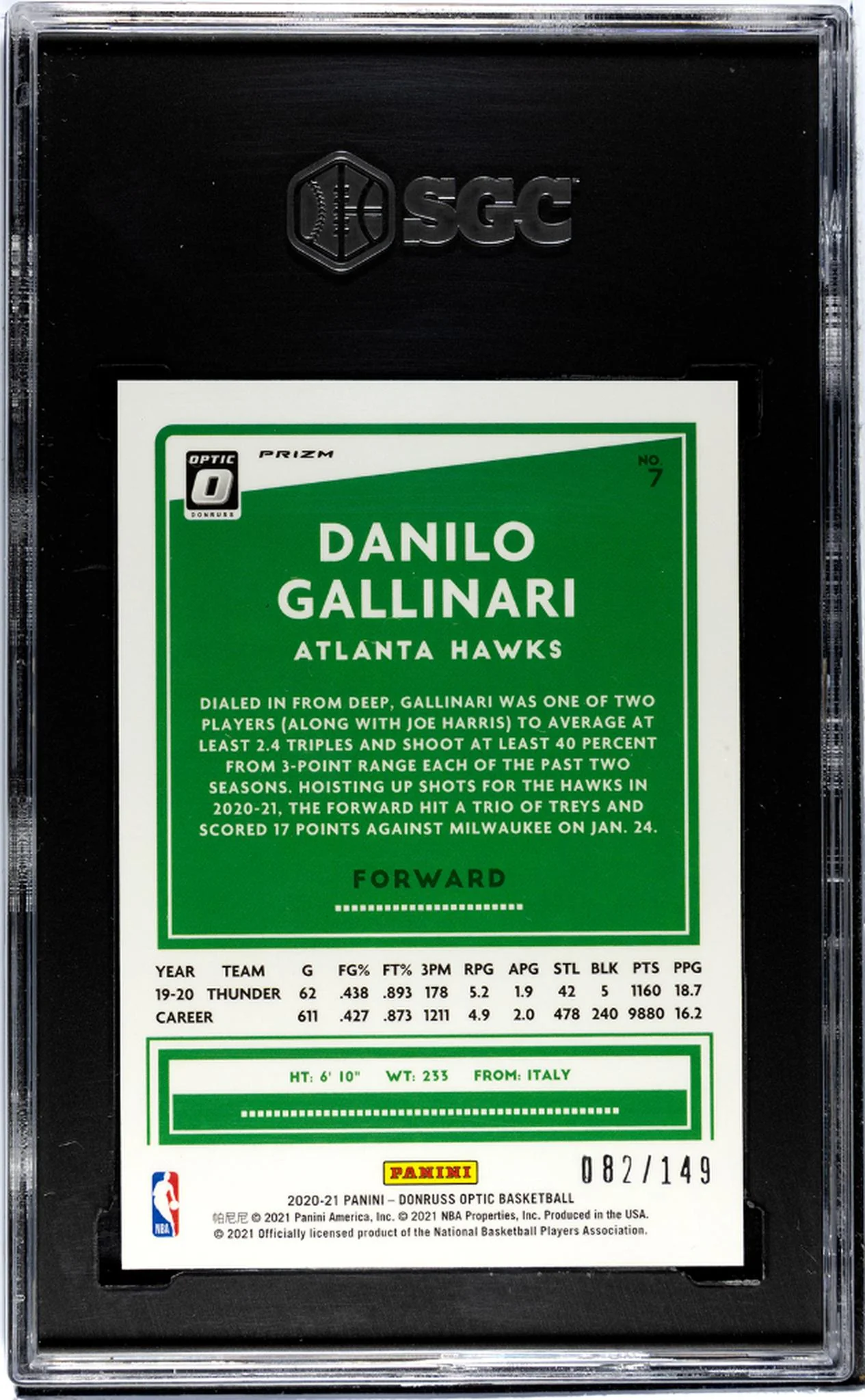 2020-21 Panini Donruss Optic Lime Green Danilo Gallinari #7 /149 SGC 9.5 - Image 2