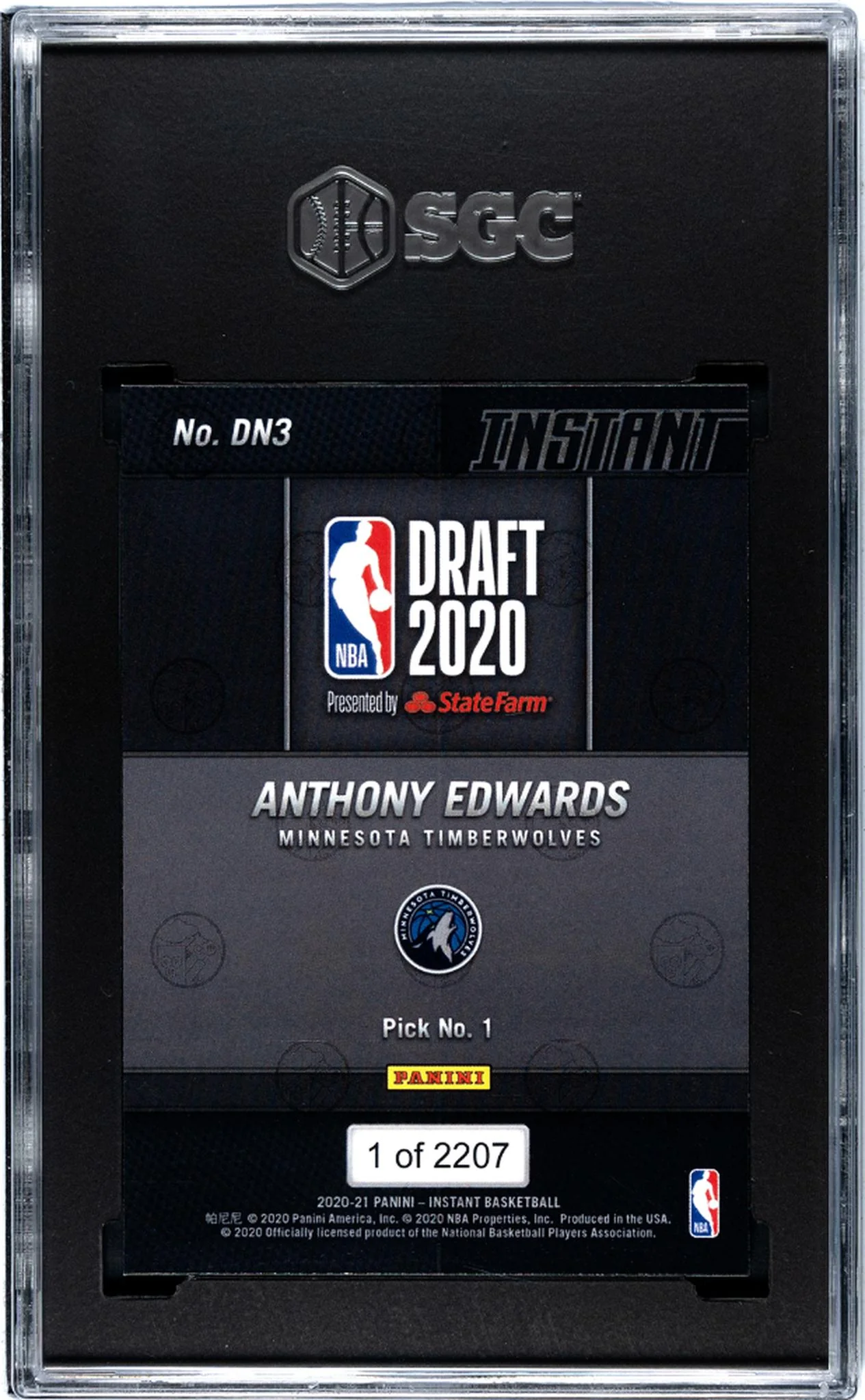 2020-21 Panini Instant Draft Night 2020 Anthony Edwards #DN3 RC /2207 SGC 10 - Image 2