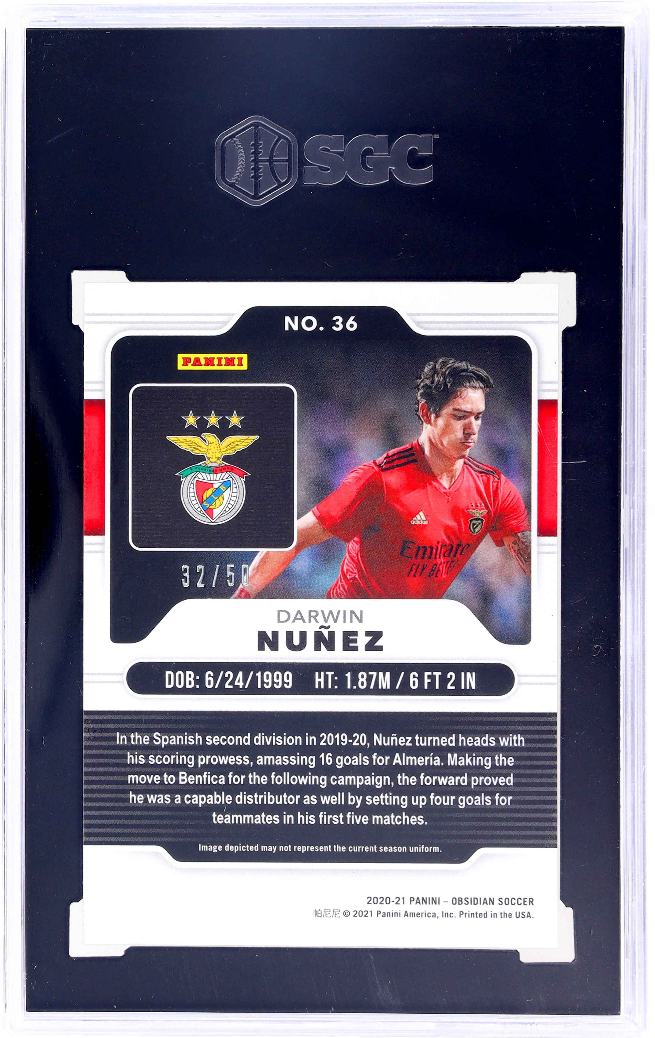 2020-21 Panini Obsidian #36 Darwin Nunez Electric Etch Orange 32 SGC 9.5 - Image 2