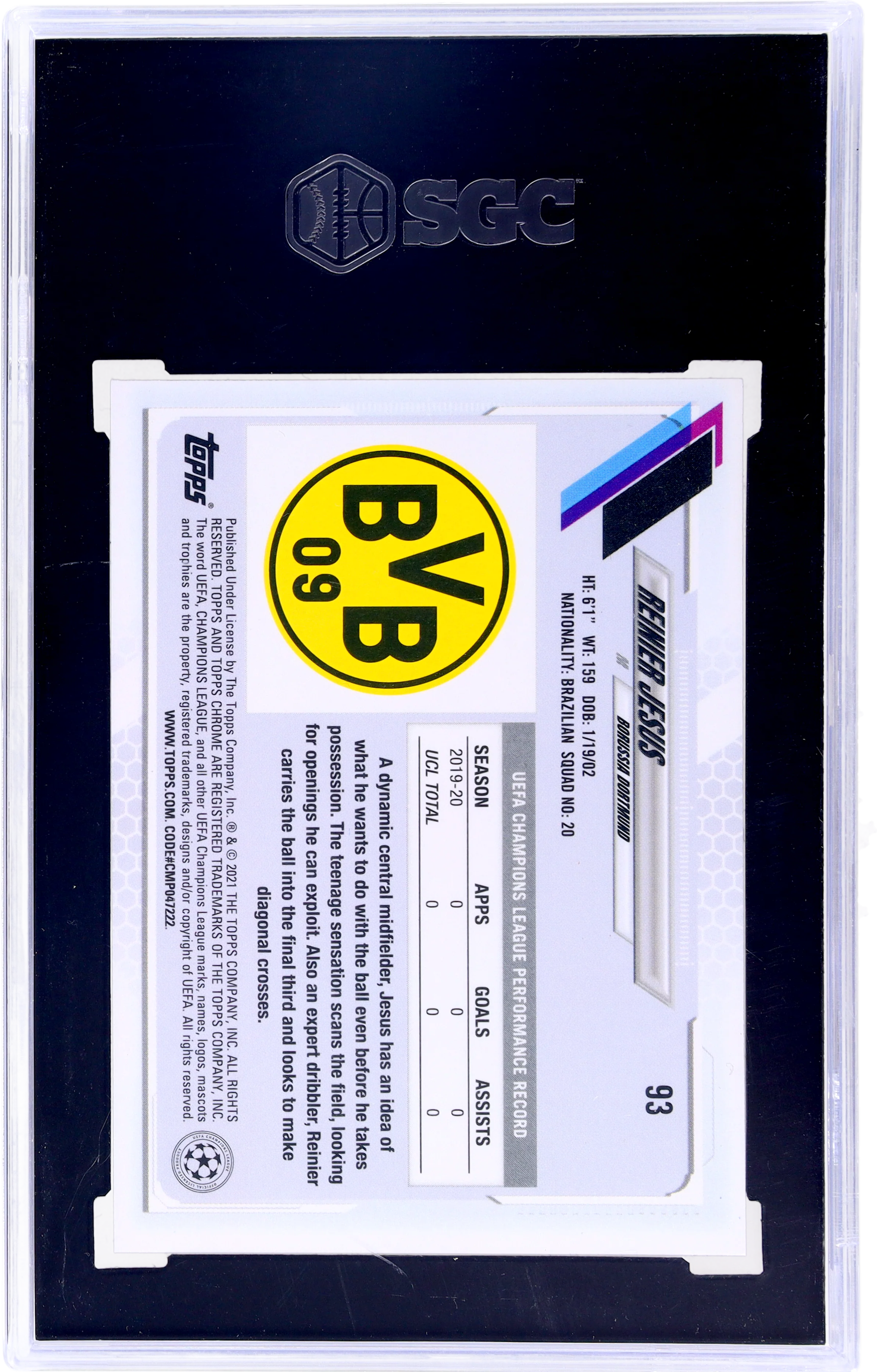 2020-21 Topps Chrome Sapphire Reinier Jesus #93 SGC 8.5 RC - Image 2