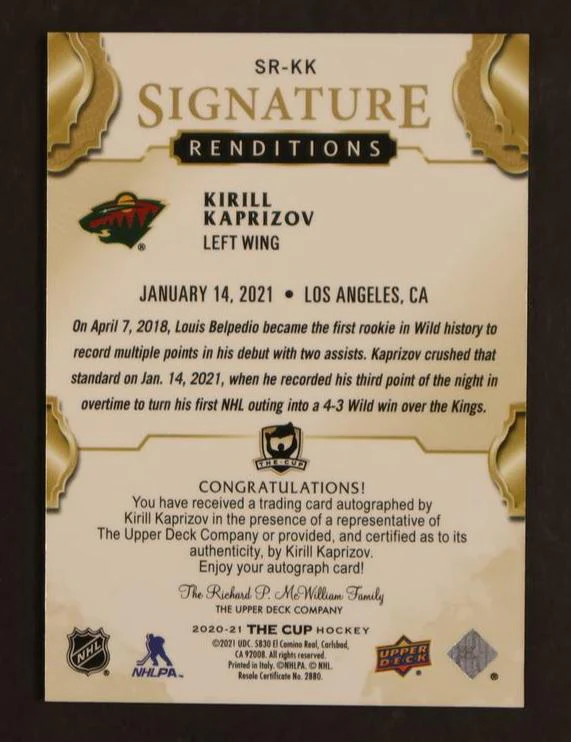 2020 Upper Deck The Cup #SR-KK Kirill Kaprizov Signature Renditions Auto RC - Image 2
