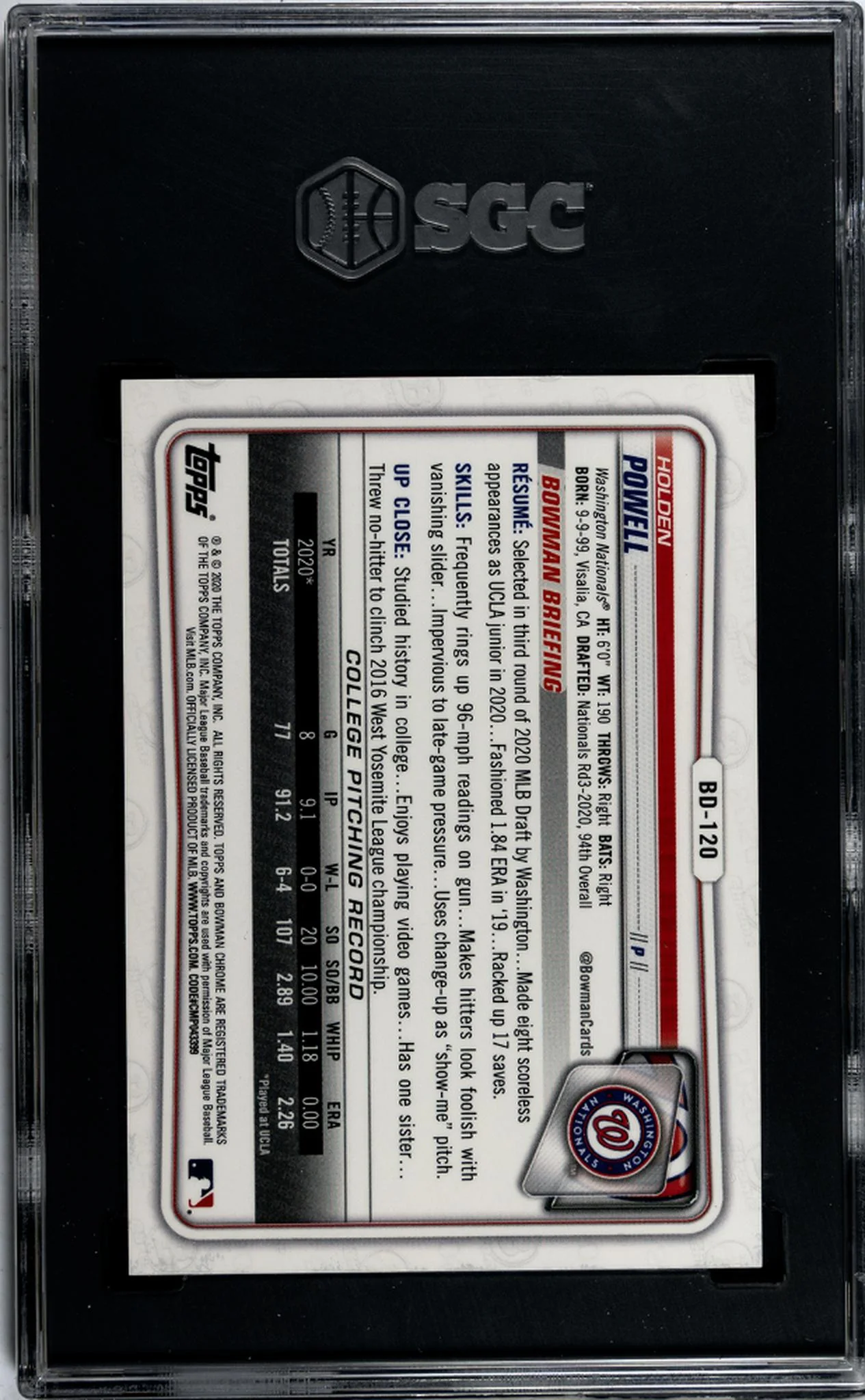 2020 Bowman Chrome #BD-120 Holden Powell Draft Sapphire /99 SGC 10 - Image 2