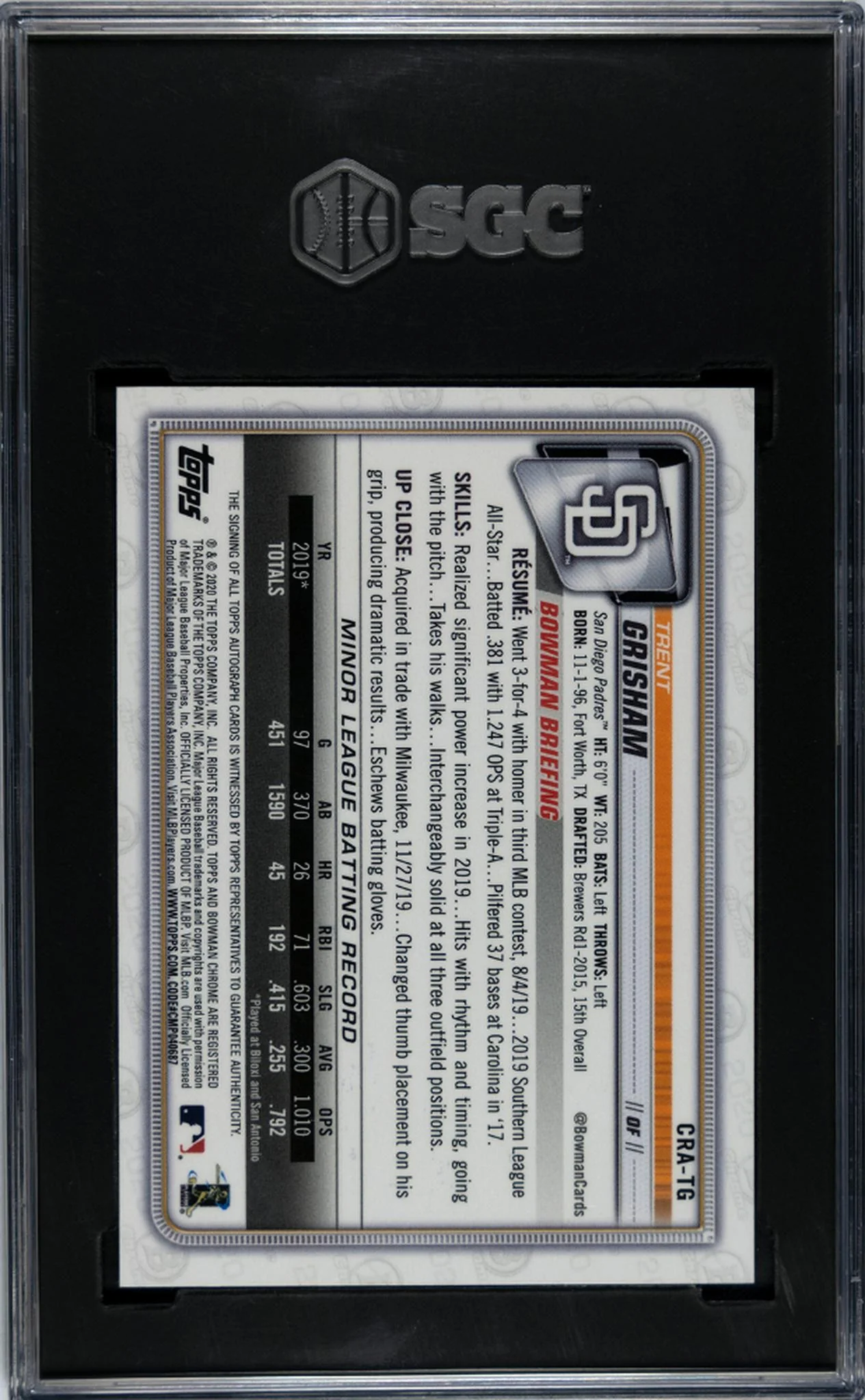 2020 Bowman Chrome #CRA-TG Trent Grisham Blue Refractor /150 SGC 9.5 - Image 2
