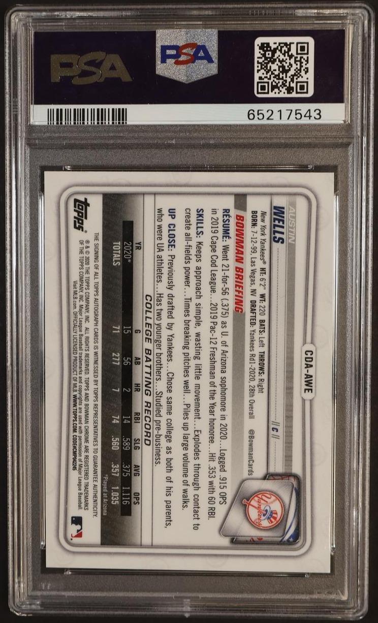 2020 Bowman Chrome Draft Autographs Blue Wave Refractor Austin Wells #CDAAWE /150 PSA 10 - Image 2