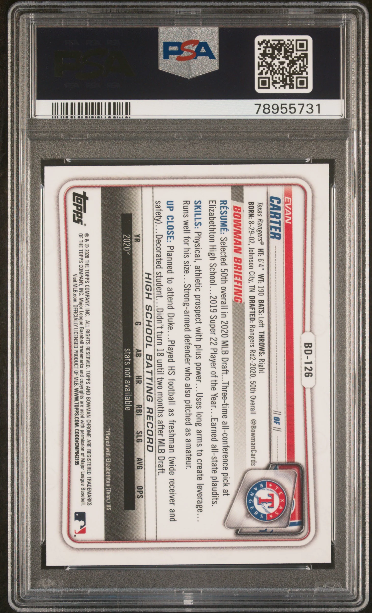 2020 Bowman Draft Chrome Evan Carter #BD126 PSA 10 - Image 2