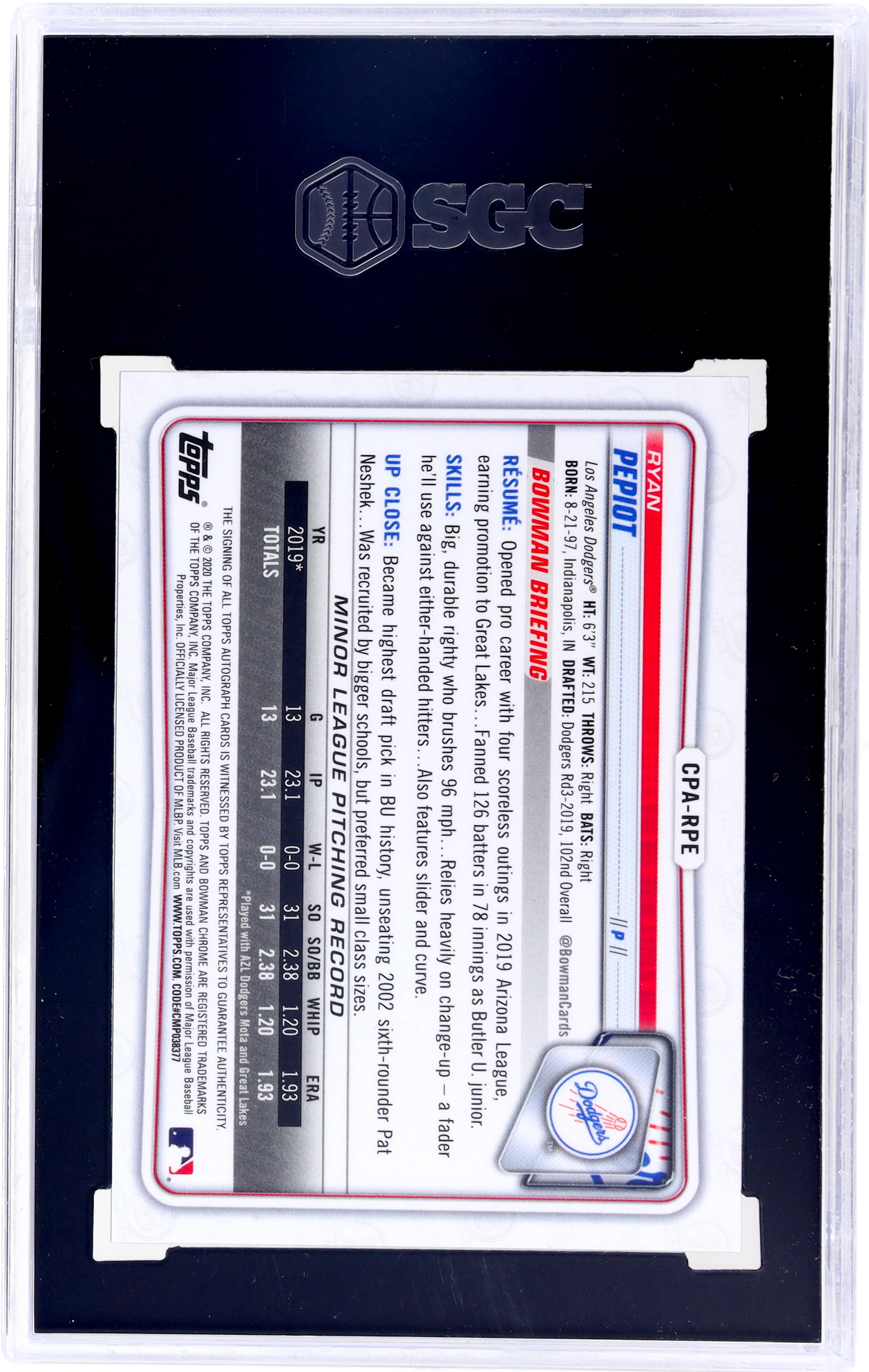 2020 Bowman Chrome Ryan Pepiot #CPA-RPE 23/99 SGC 9.5 Auto - Image 2