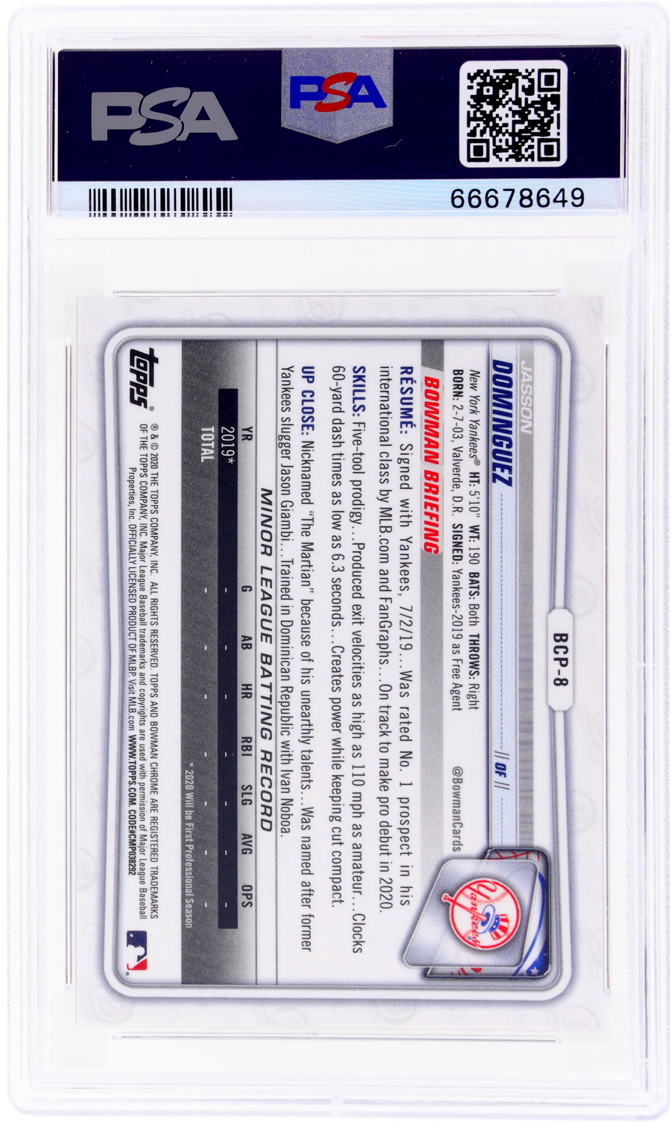 2020 Bowman Chrome Orange Shimmer Jasson Dominguez #BCP8 /25 PSA 10 - Image 2