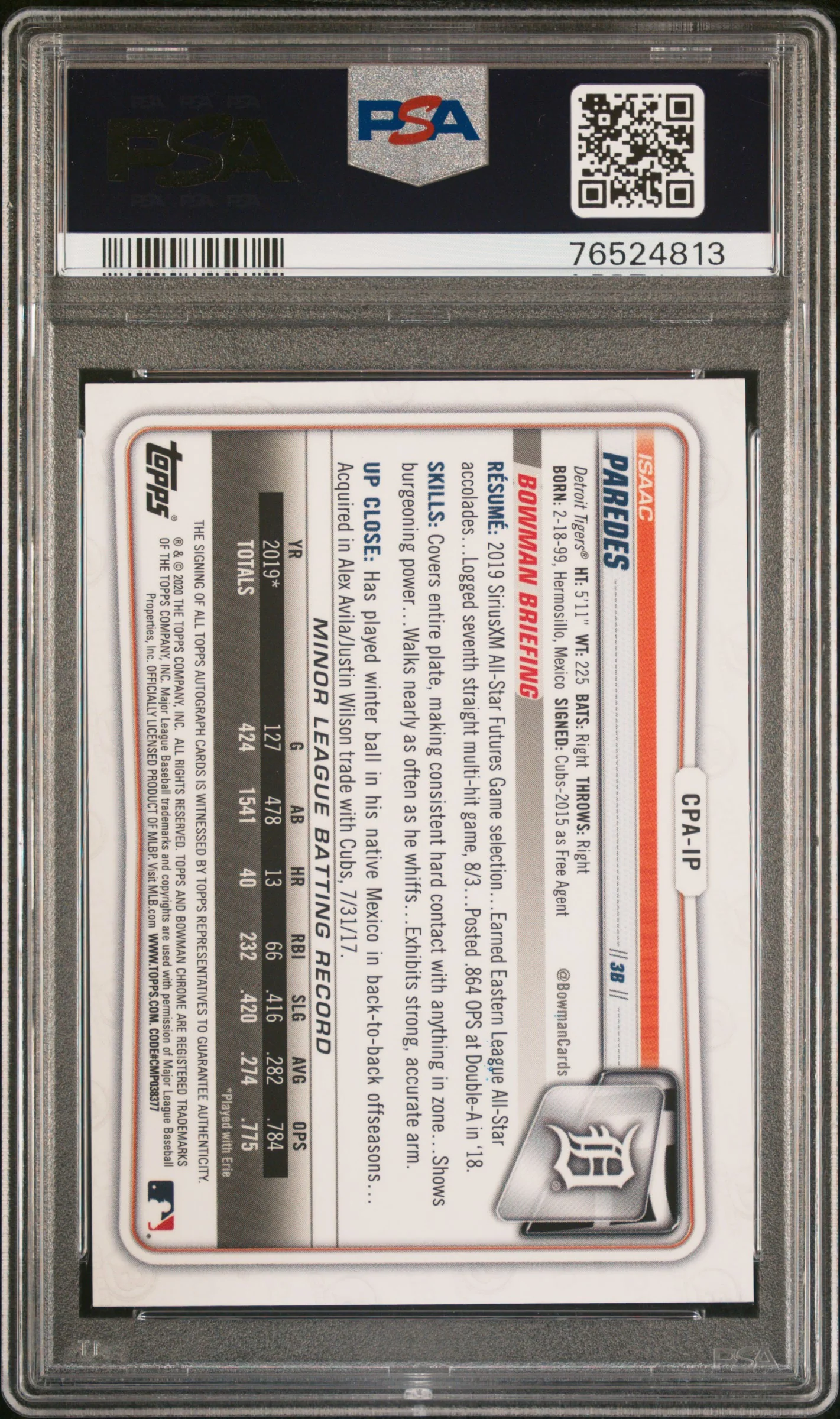 2020 Bowman Chrome Prospect Autograph Red Refractor Isaac Paredes #CPAIP /5 PSA 10 - Image 2