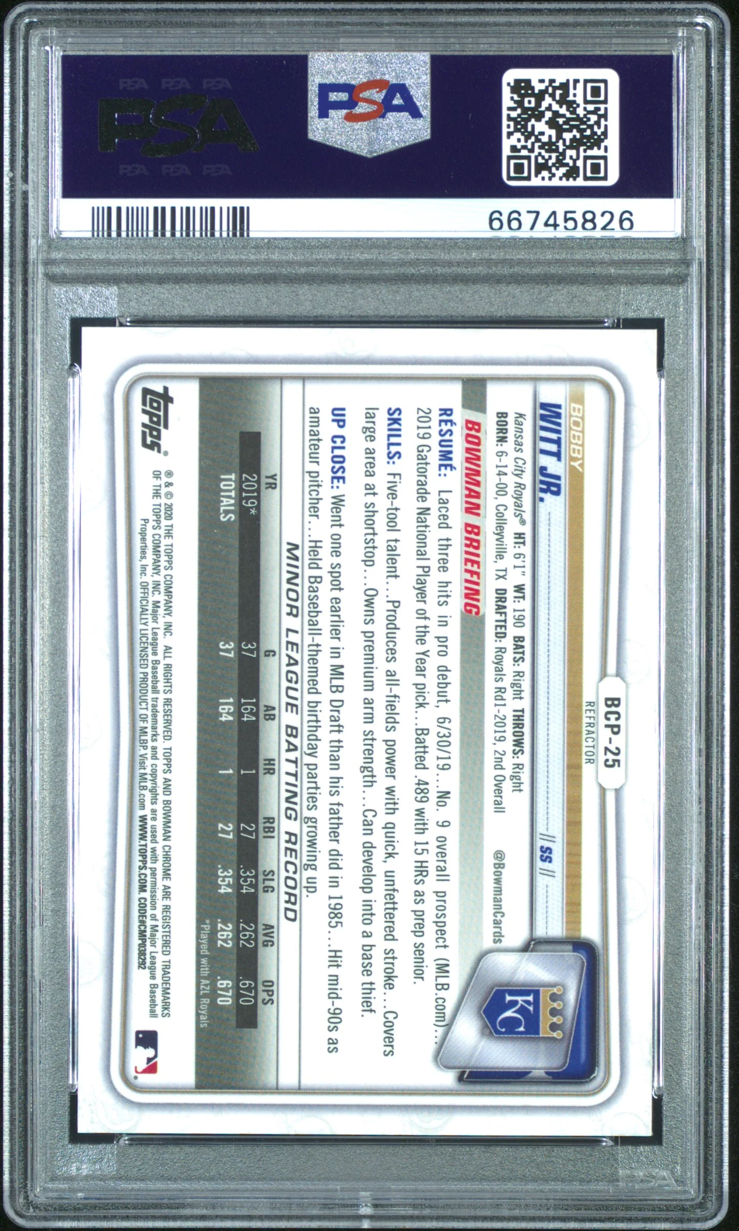 2020 Bowman Chrome Prospect Refractor Bobby Witt Jr. #BCP25 /499 PSA 10 - Image 2