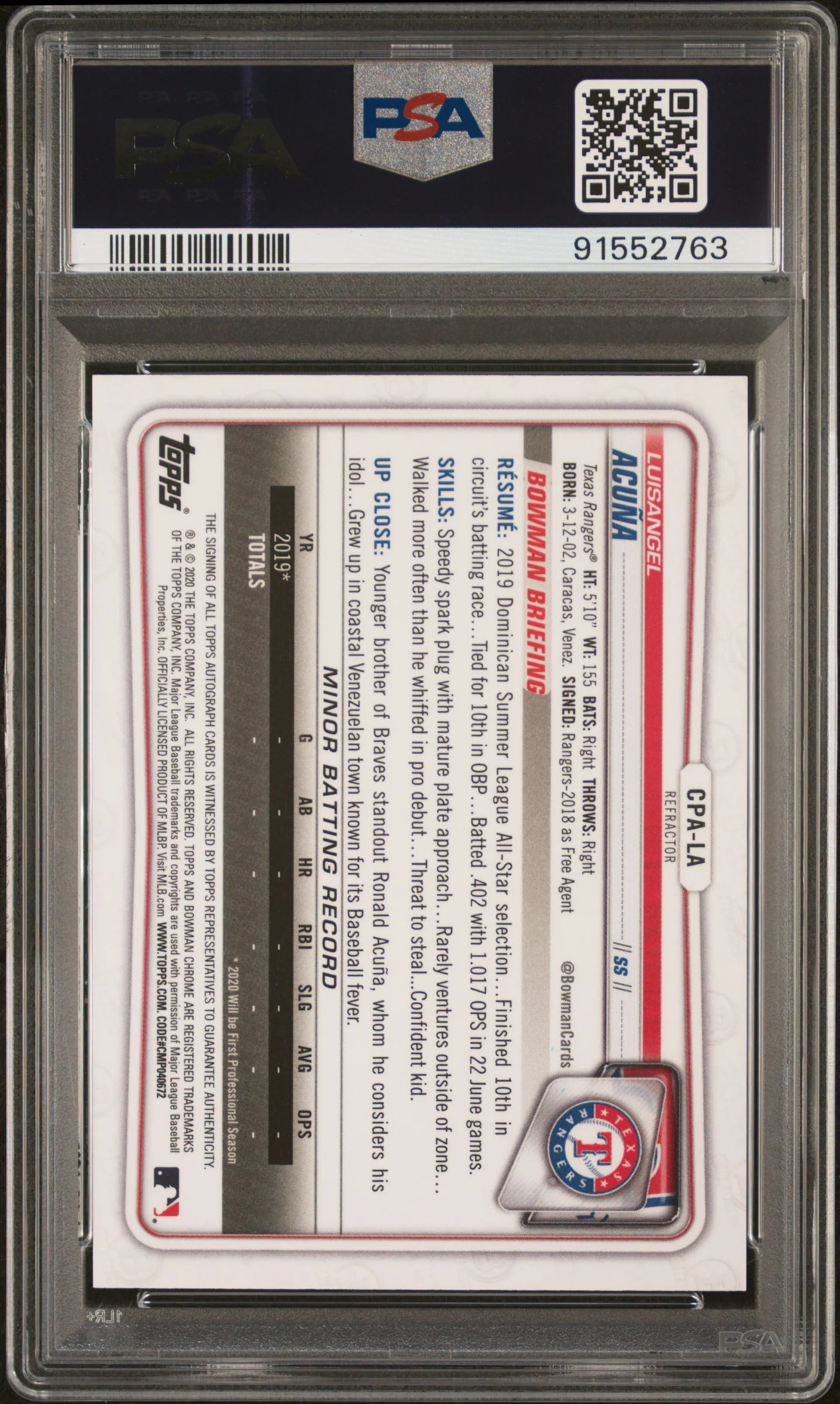 2020 Bowman Chrome Refractor Luisangel Acuna #CPA-LA Auto /499 PSA 10 - Image 2