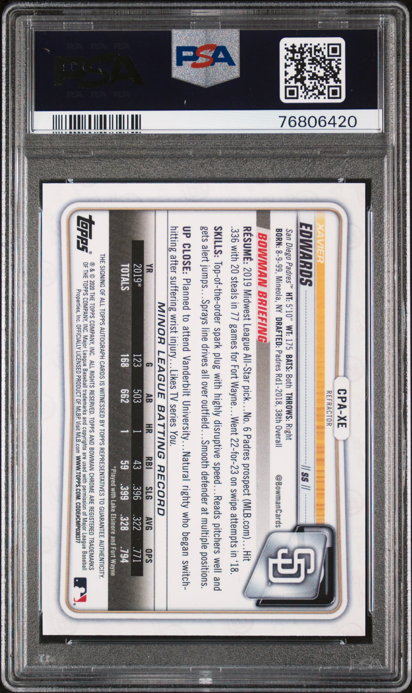 2020 Bowman Chrome Refractor Xavier Edwards #CPA-XE Auto /499 PSA 9 - Image 2
