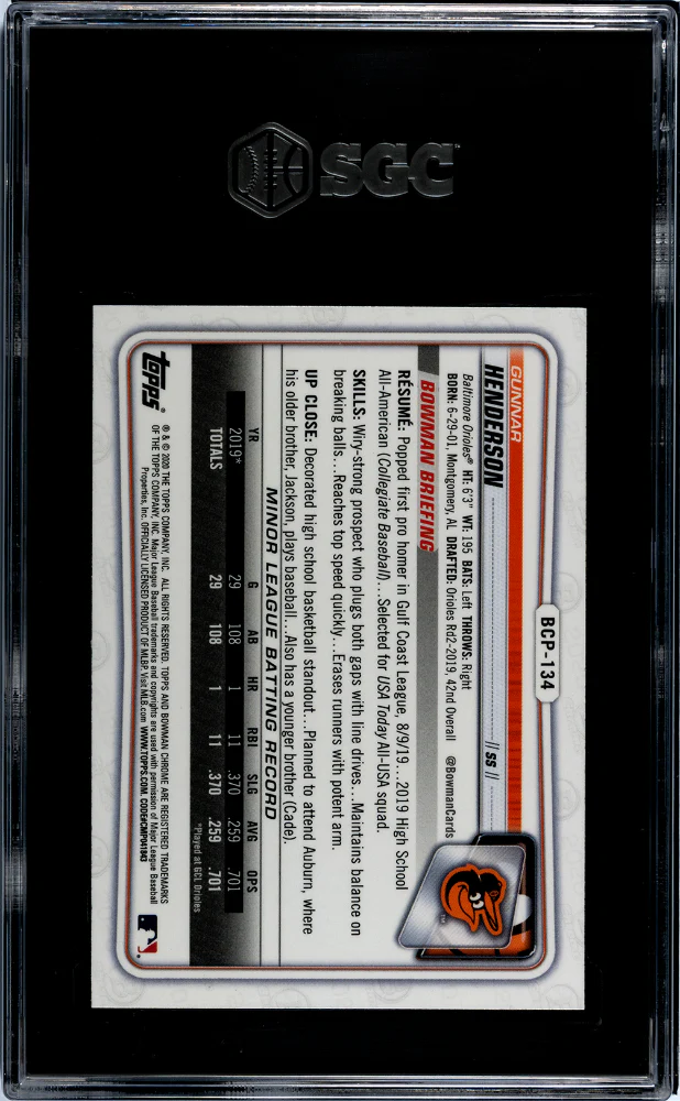 2020 Bowman Chrome Sapphire #BCP-134 Gunnar Henderson SGC 9.5 - Image 2
