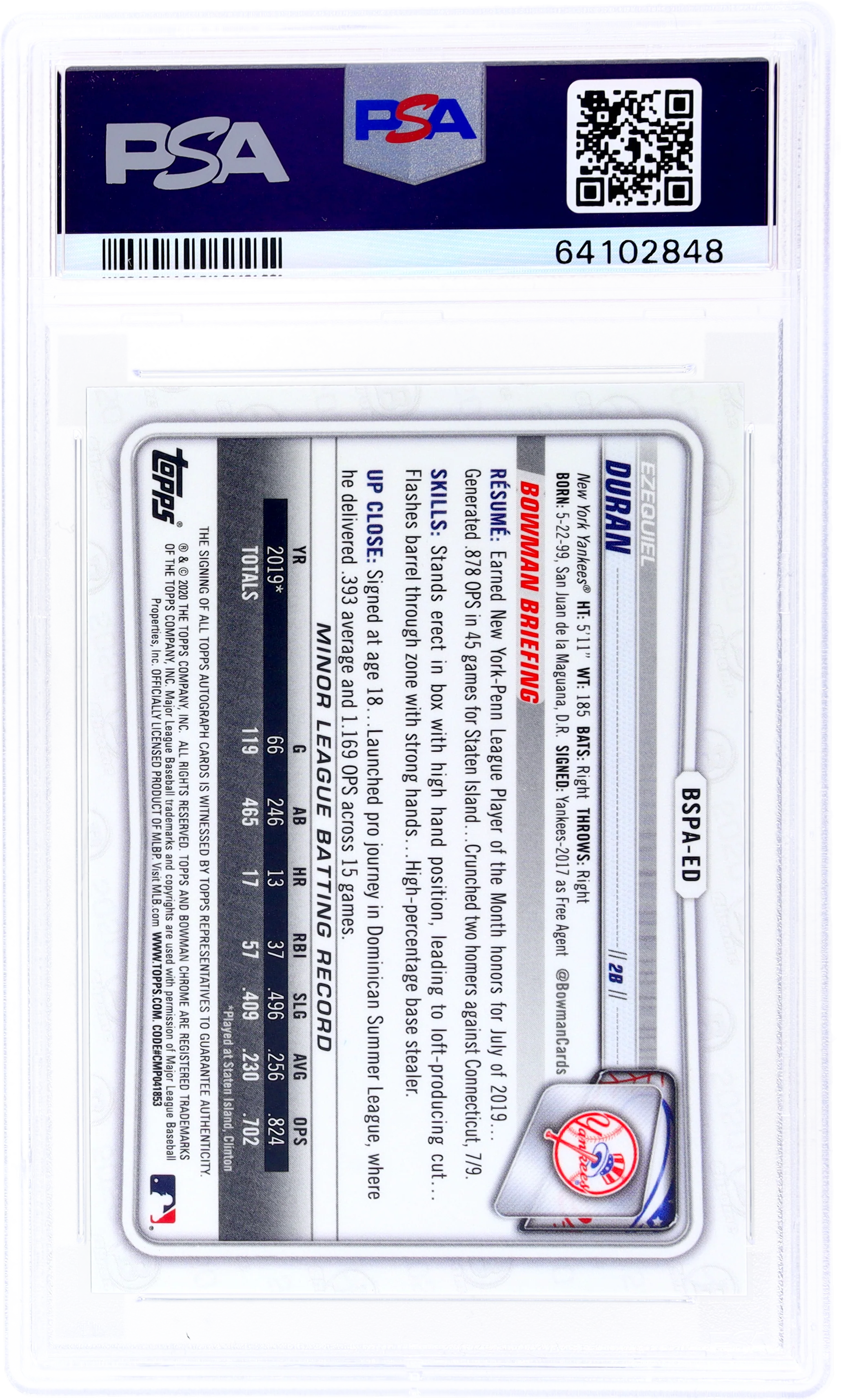 2020 Bowman Chrome Sapphire Ezequiel Duran Green #BSPAED /50 PSA 10 Auto - Image 2