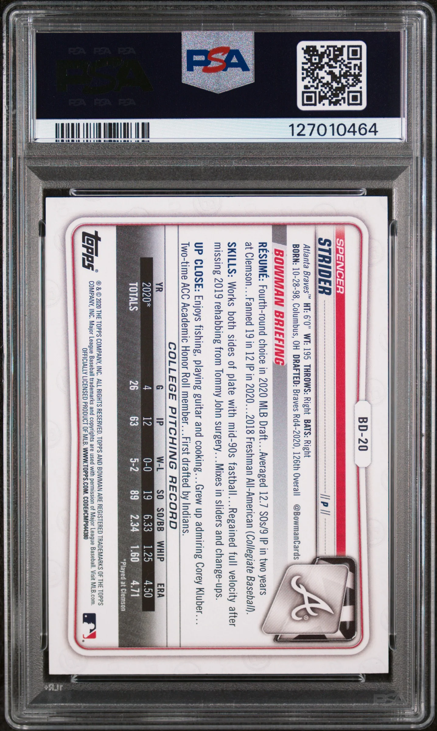 2020 Bowman Draft 1st Edition Sky Blue Foil Spencer Strider #BD20 PSA 9 - Image 2