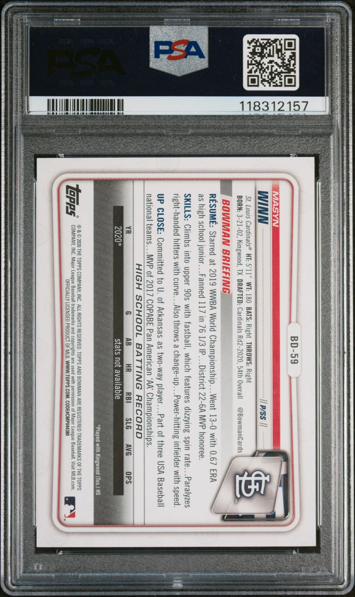 2020 Bowman Draft 1st Edition Yellow Foil Masyn Winn #BD59 /75 PSA 10 - Image 2