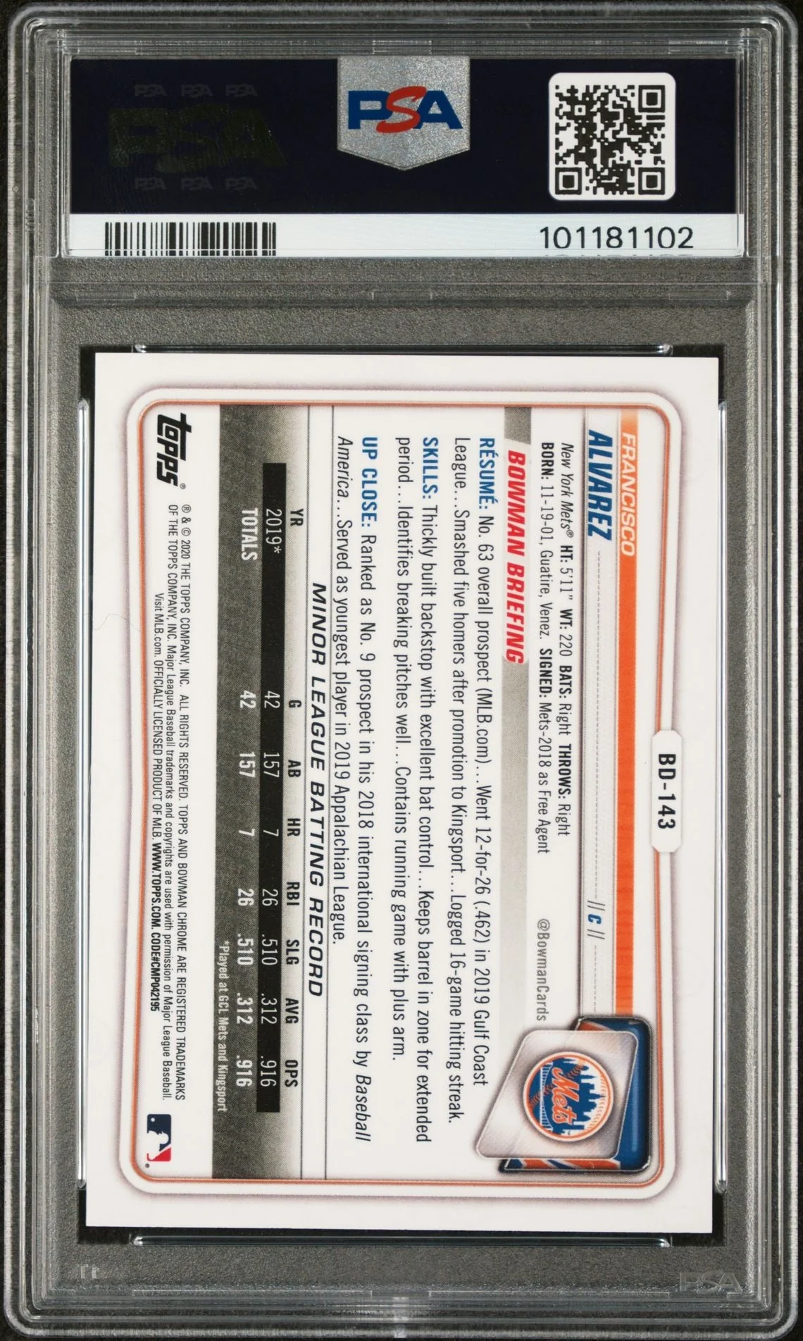 2020 Bowman Draft Blue Francisco Alvarez #BD-143 /150 PSA 10 - Image 2