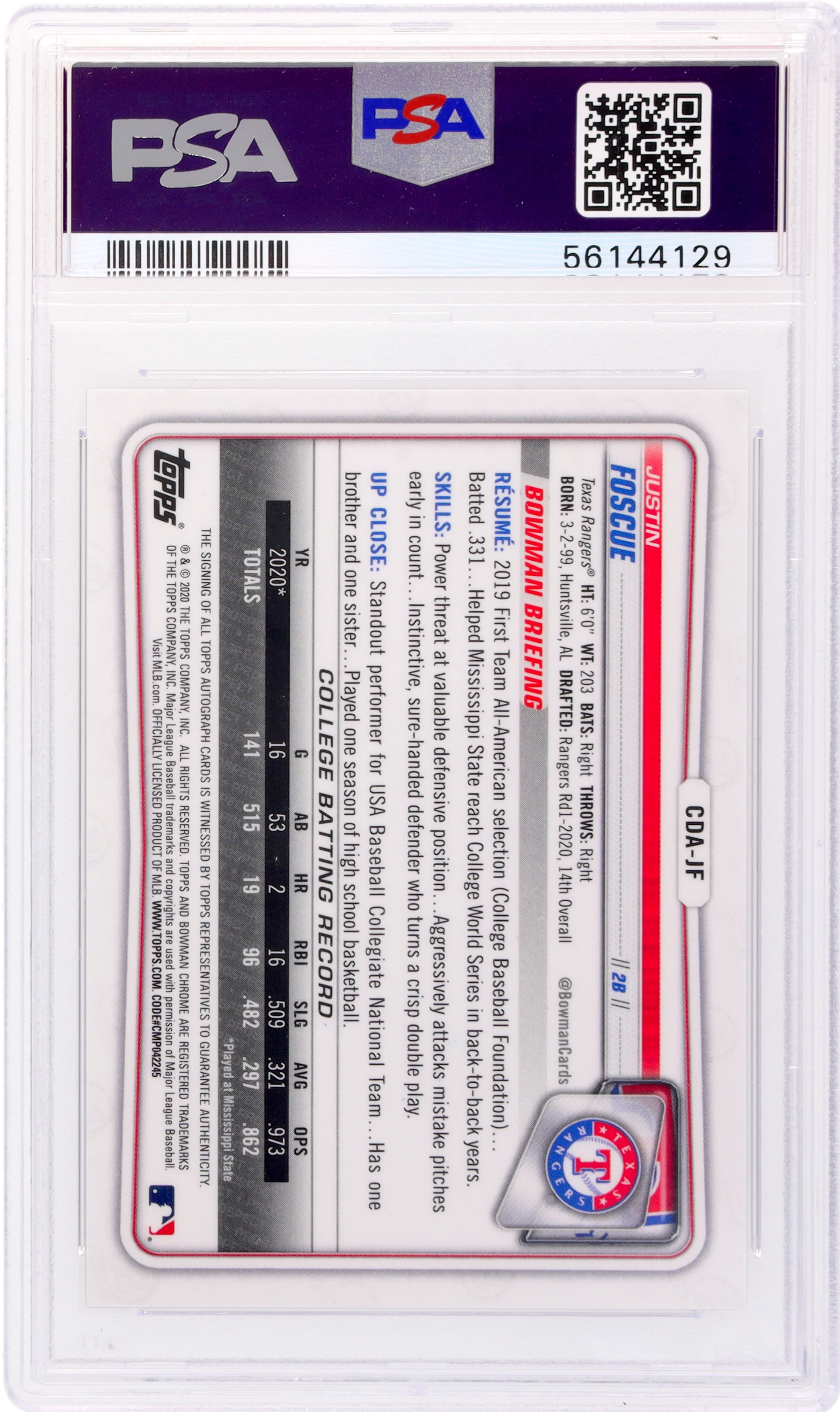 2020 Bowman Draft Chrome Justin Foscue #CDA-JF /250 PSA 9 Auto Purple - Image 2
