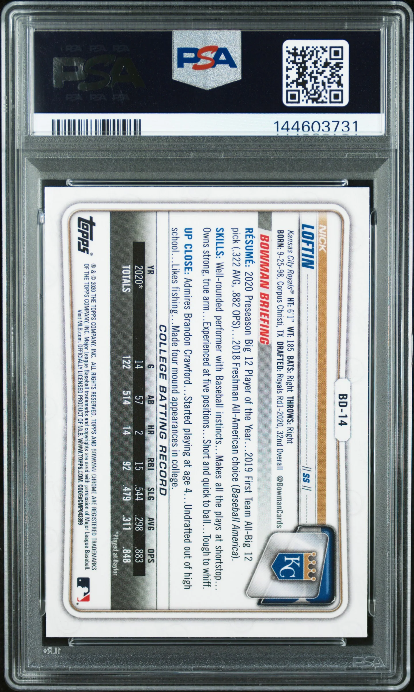 2020 Bowman Draft Sapphire Chrome Nick Loftin #BD14 PSA 10 - Image 2
