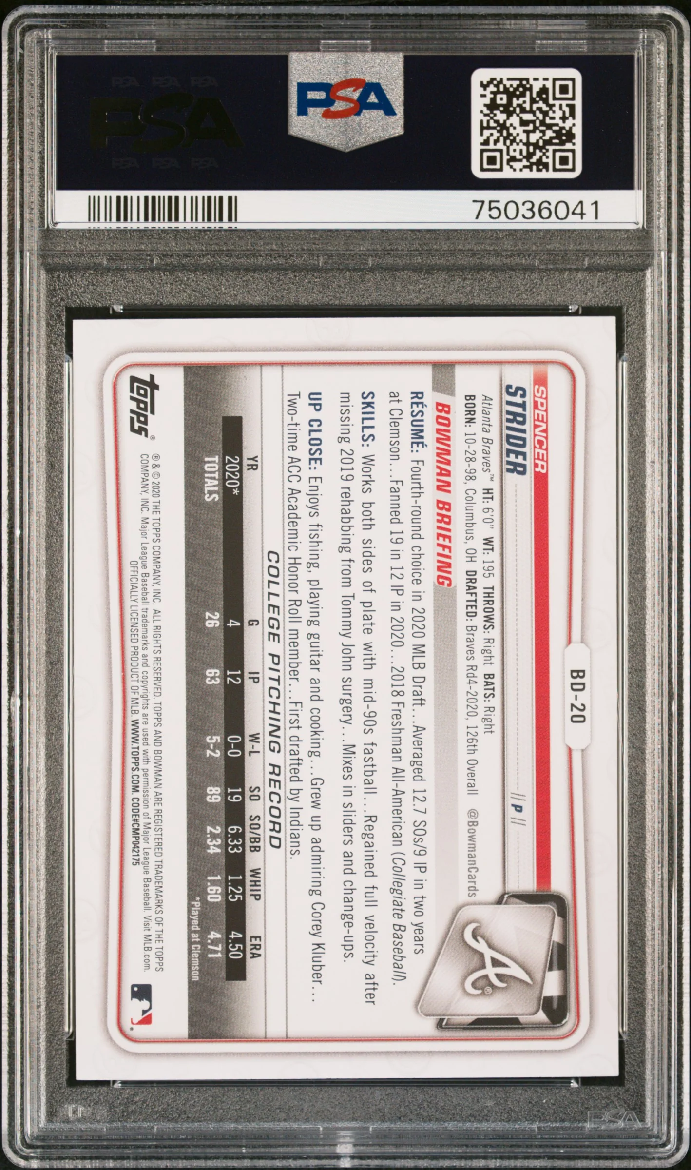 2020 Bowman Draft Spencer Strider #BD20 PSA 10 - Image 2