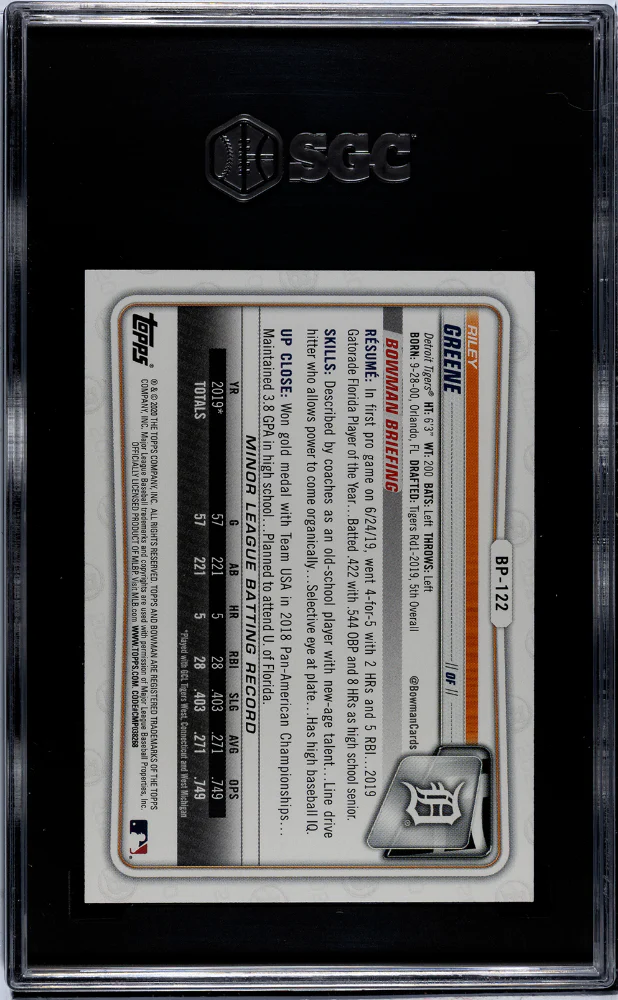 2020 Bowman Prospects Sky Blue Riley Greene #BP-122 /499 SGC 10 - Image 2