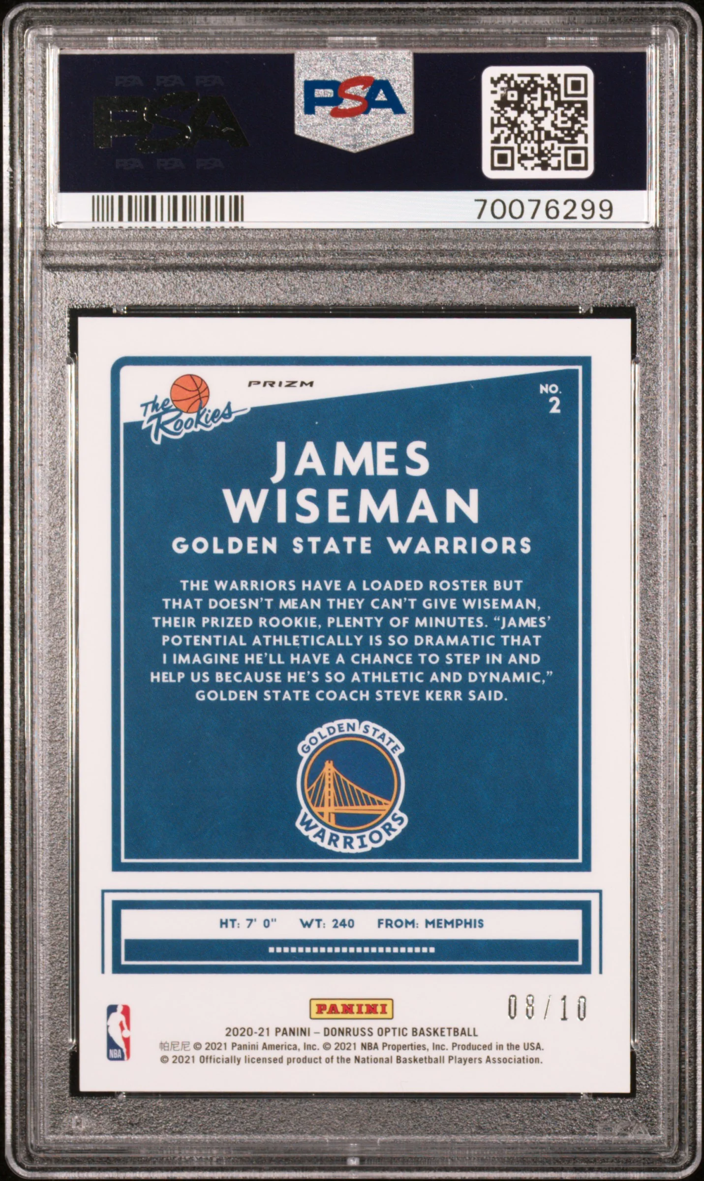 2020 Donruss Optic The Rookies Gold James Wiseman #2 /10 PSA 9 - Image 2