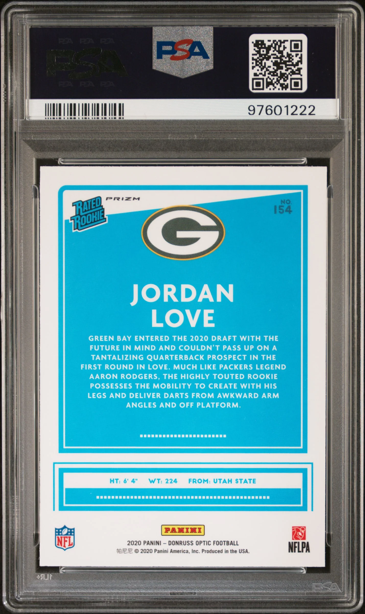 2020 Donruss Optic Purple Shock Jordan Love #154 PSA 9 - Image 2