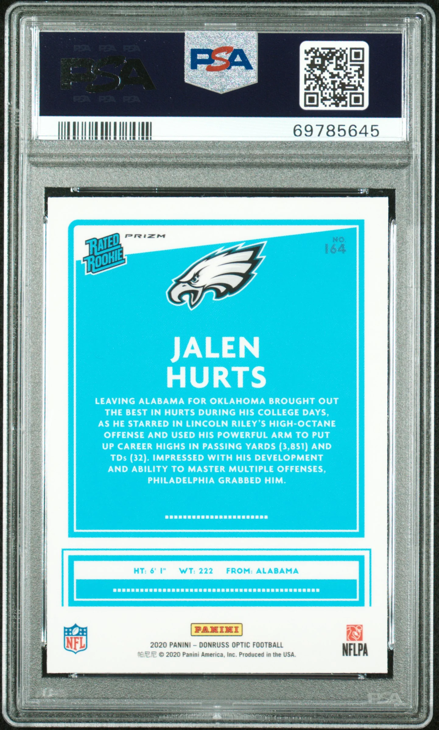 2020 Donruss Optic Rated Rookie Holo Jalen Hurts #164 PSA 10 - Image 2